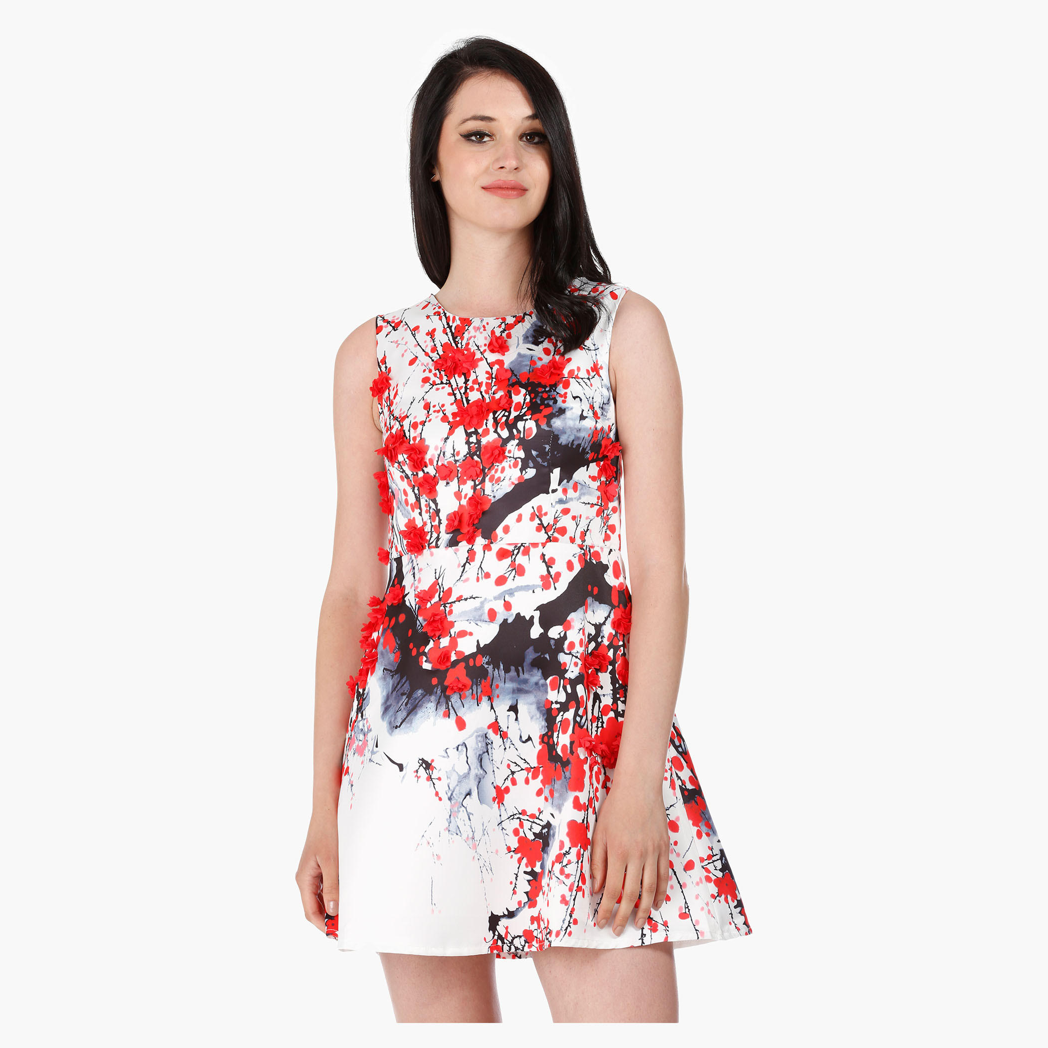 Sleeveless Floral Print Skater Dress with 3D Embellishment and Round Neck in Regular Fit-women-clothing-dresses-image-1