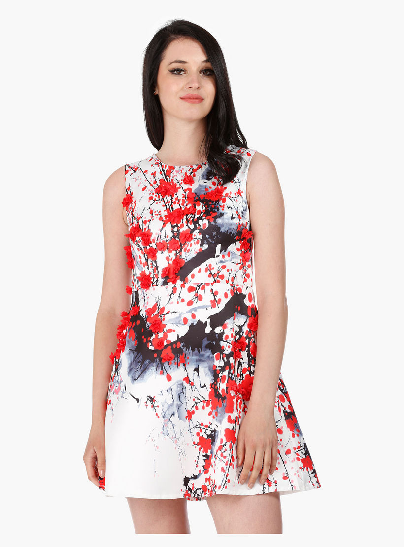 Sleeveless Floral Print Skater Dress with 3D Embellishment and Round Neck in Regular Fit-women-clothing-dresses-image-1