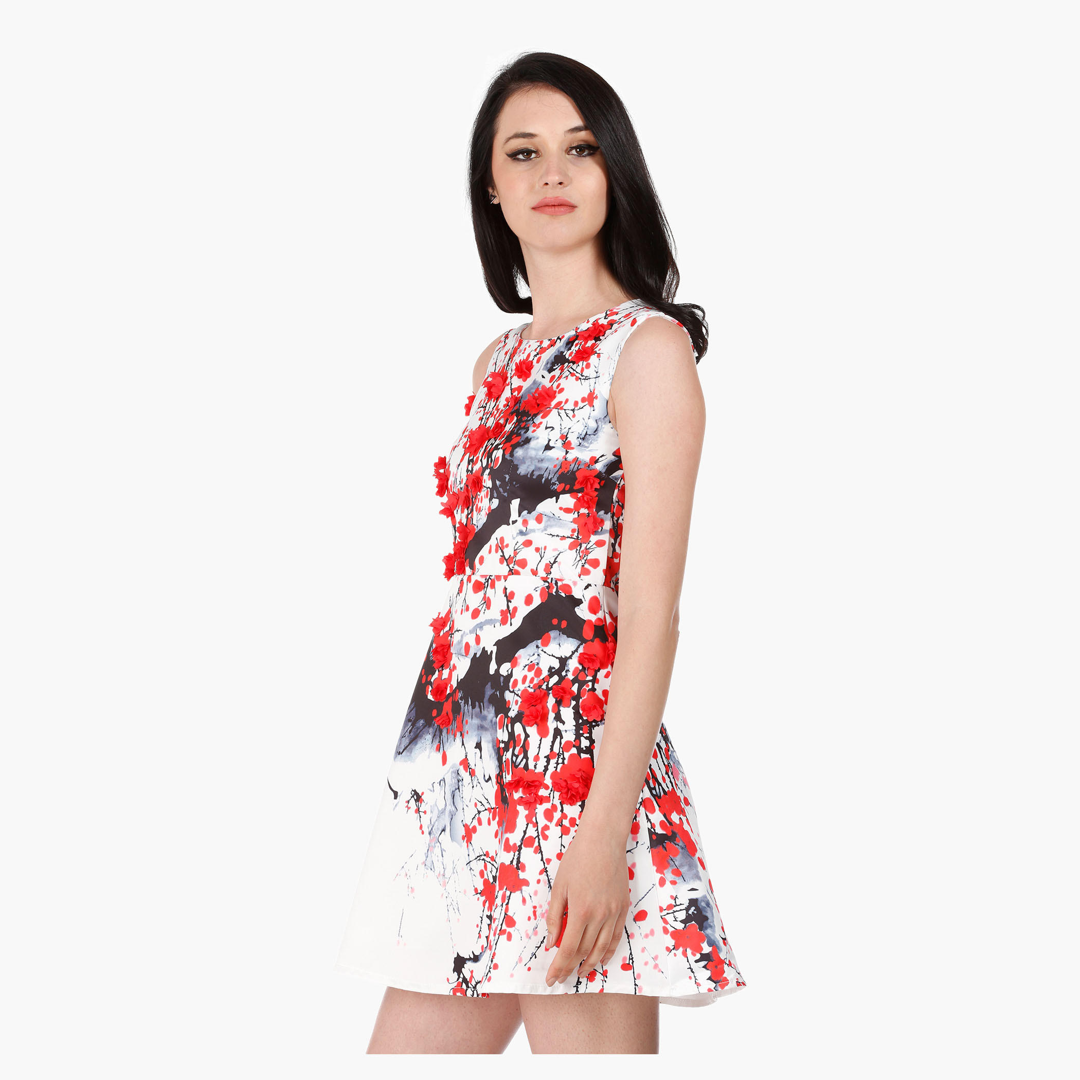 Sleeveless Floral Print Skater Dress with 3D Embellishment and Round Neck in Regular Fit-women-clothing-dresses-image-3