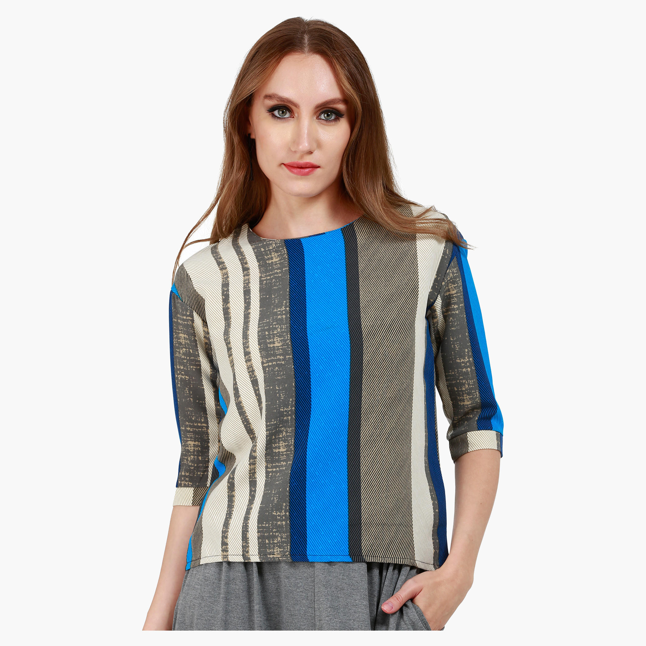 Herringbone Print Round Neck Top with 3/4th Sleeves and Stripes in Regular Fit-women-clothing-shirtsandblouses-blouses-image-1