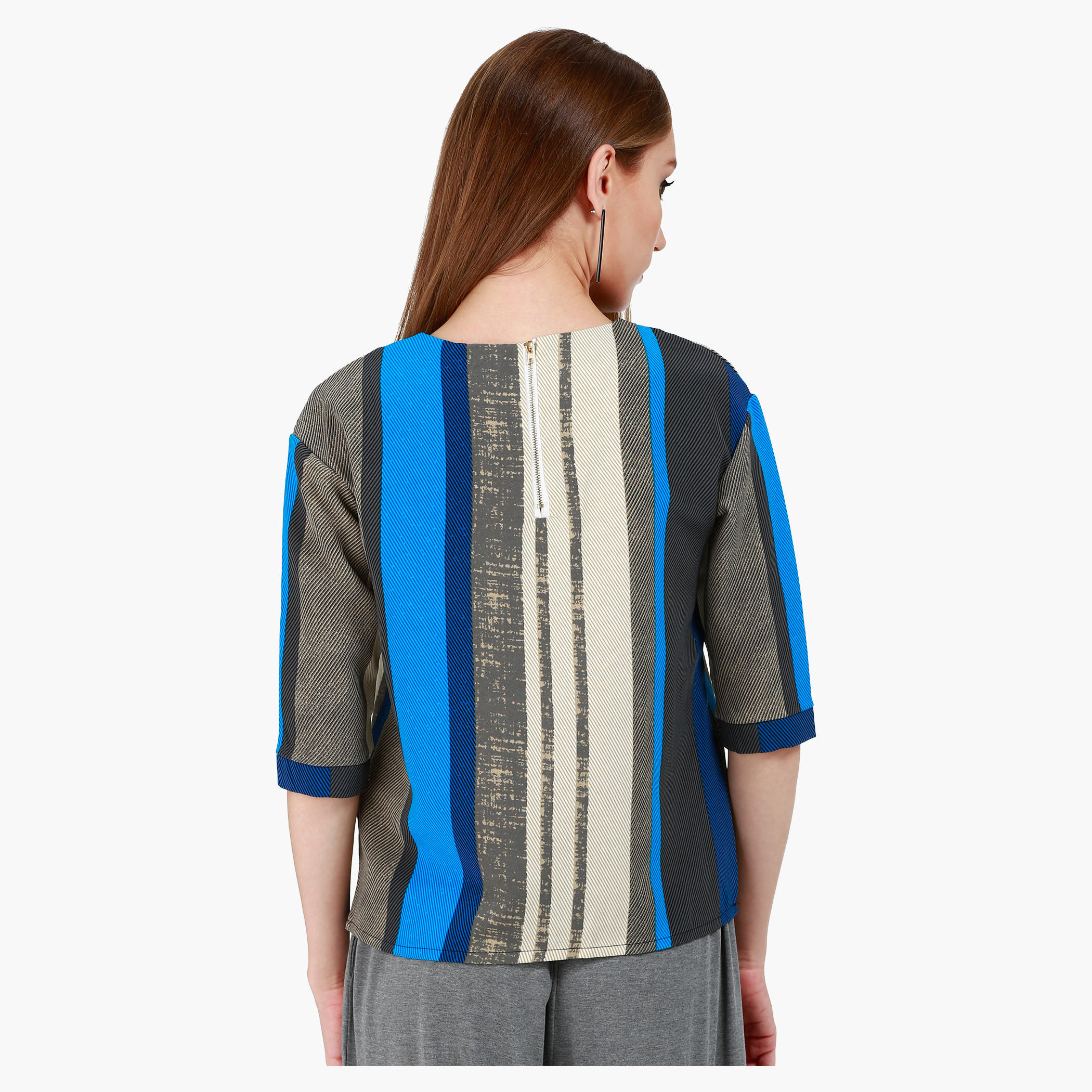 Herringbone Print Round Neck Top with 3/4th Sleeves and Stripes in Regular Fit-women-clothing-shirtsandblouses-blouses-image-2