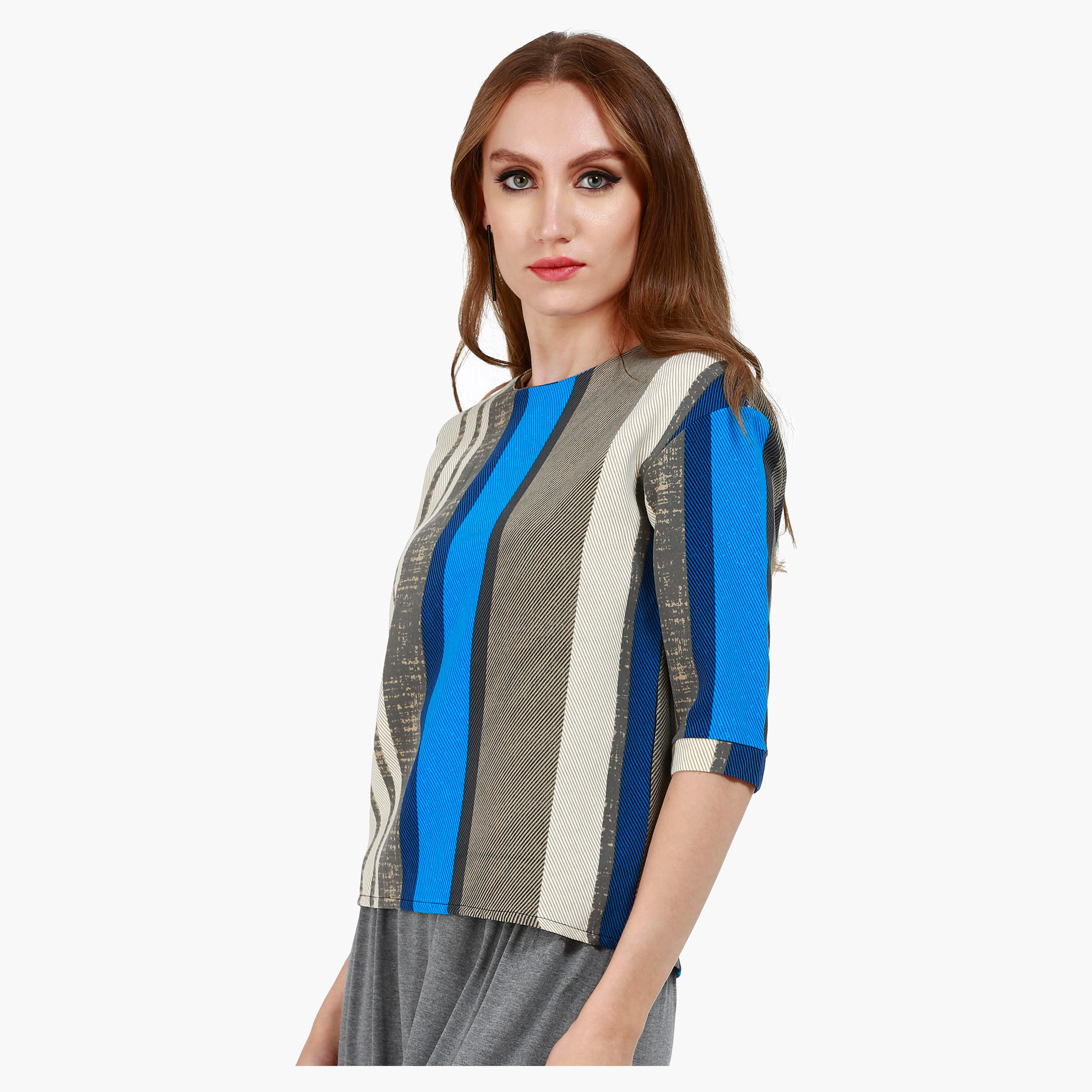 Herringbone Print Round Neck Top with 3/4th Sleeves and Stripes in Regular Fit-women-clothing-shirtsandblouses-blouses-image-3