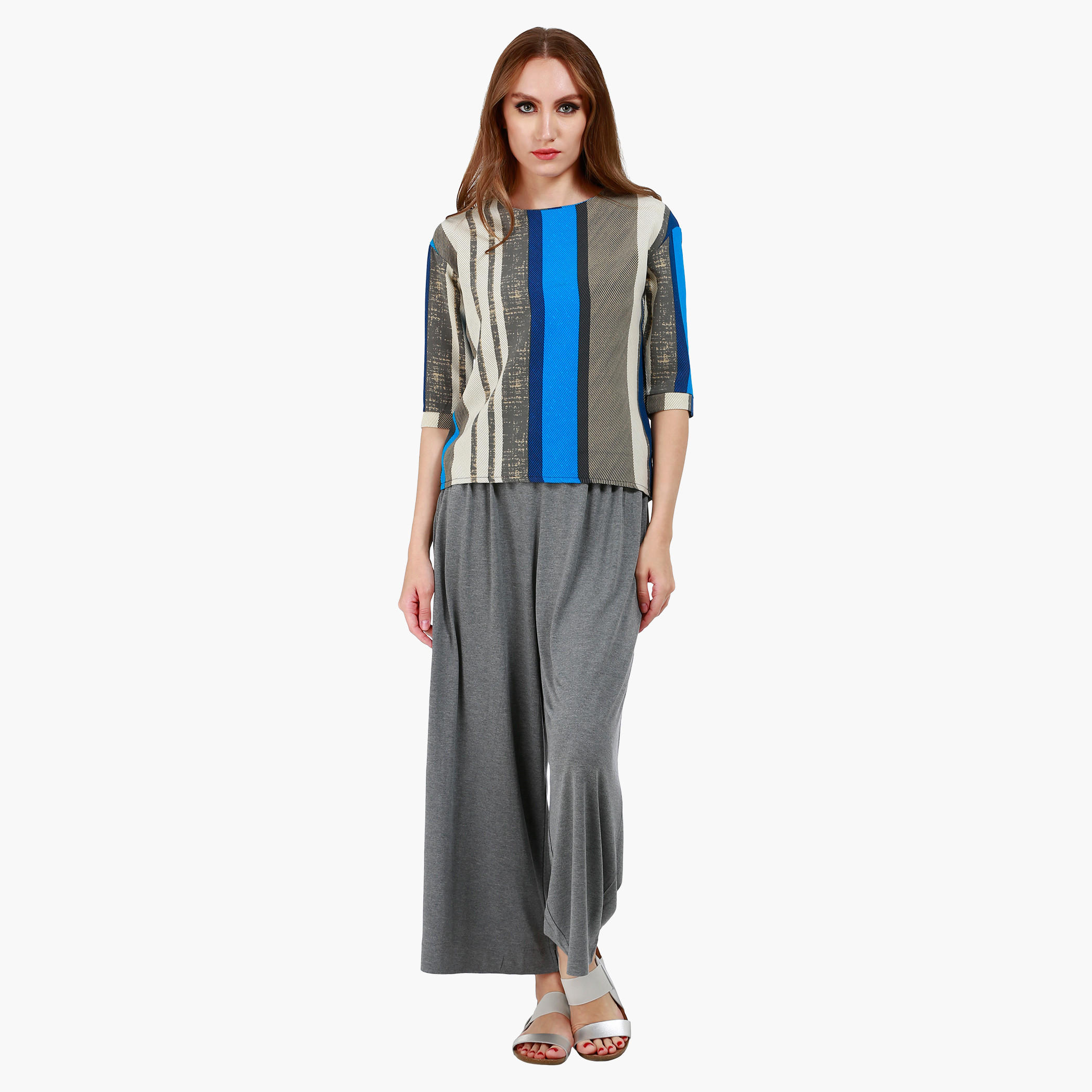Herringbone Print Round Neck Top with 3/4th Sleeves and Stripes in Regular Fit-women-clothing-shirtsandblouses-blouses-image-5