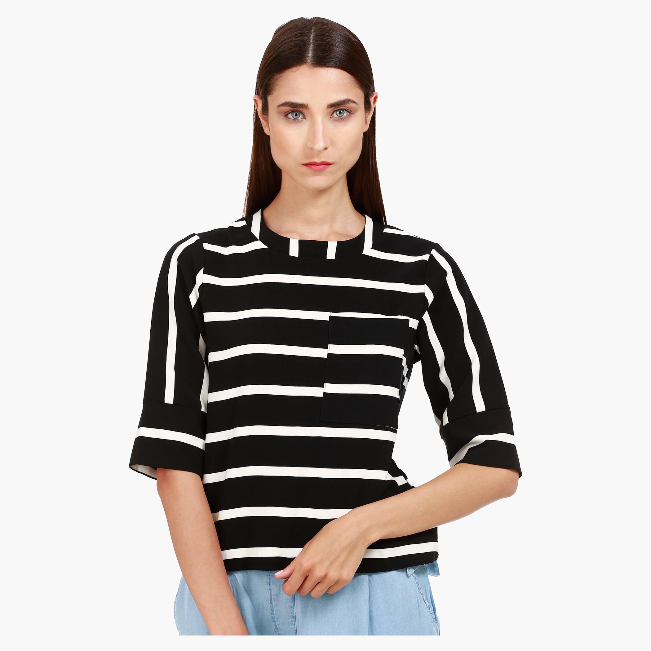 Round Neck Top with Half Sleeves and Stripes in Regular Fit-women-clothing-shirtsandblouses-blouses-image-1