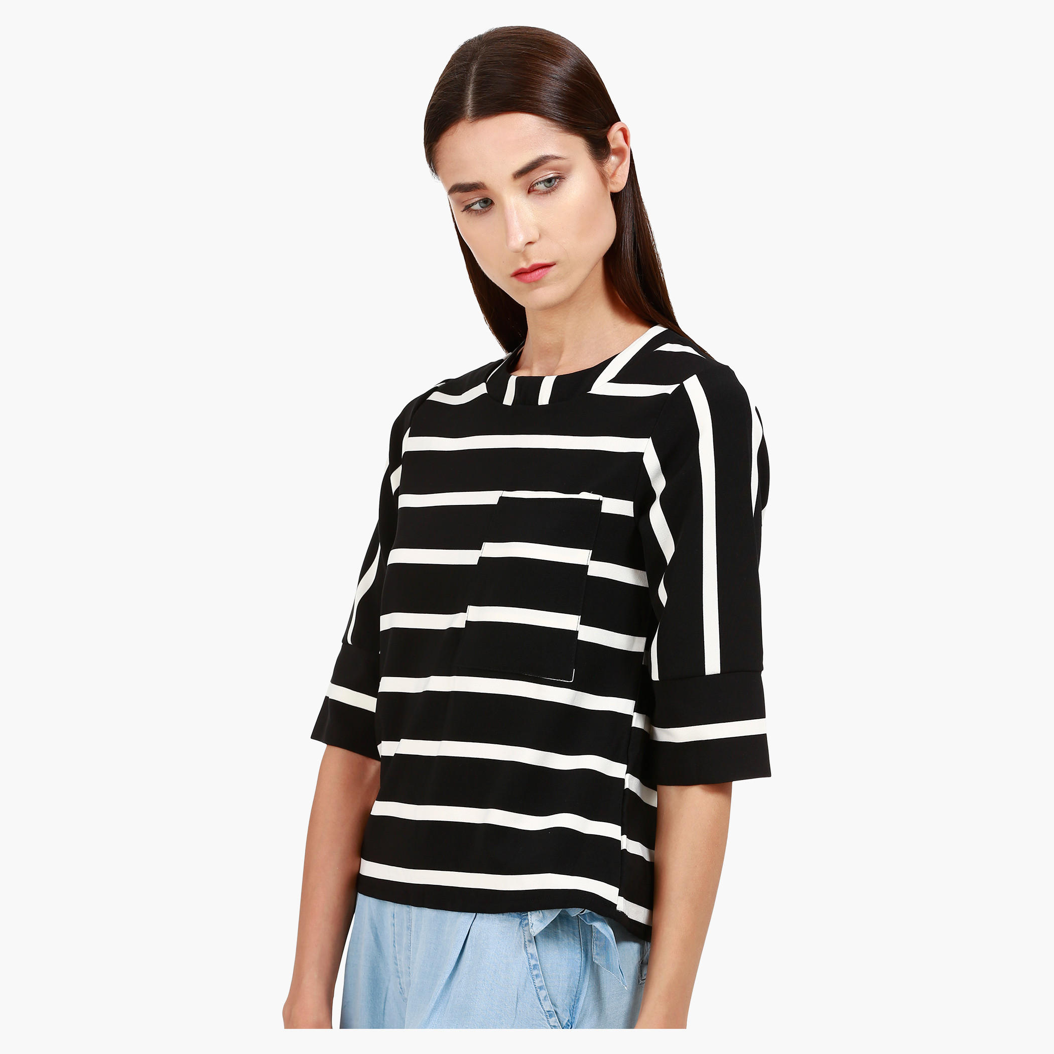 Round Neck Top with Half Sleeves and Stripes in Regular Fit-women-clothing-shirtsandblouses-blouses-image-3