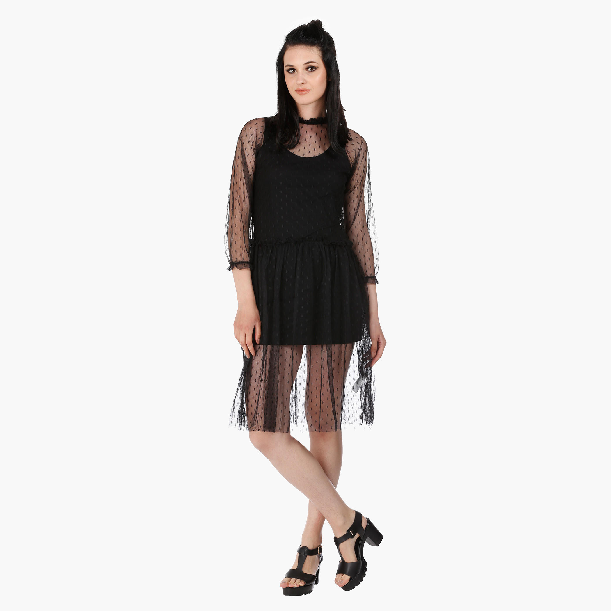 Lace Sheer Skater Dress with High Neck and Long Sleeves-women-clothing-dresses-image-1