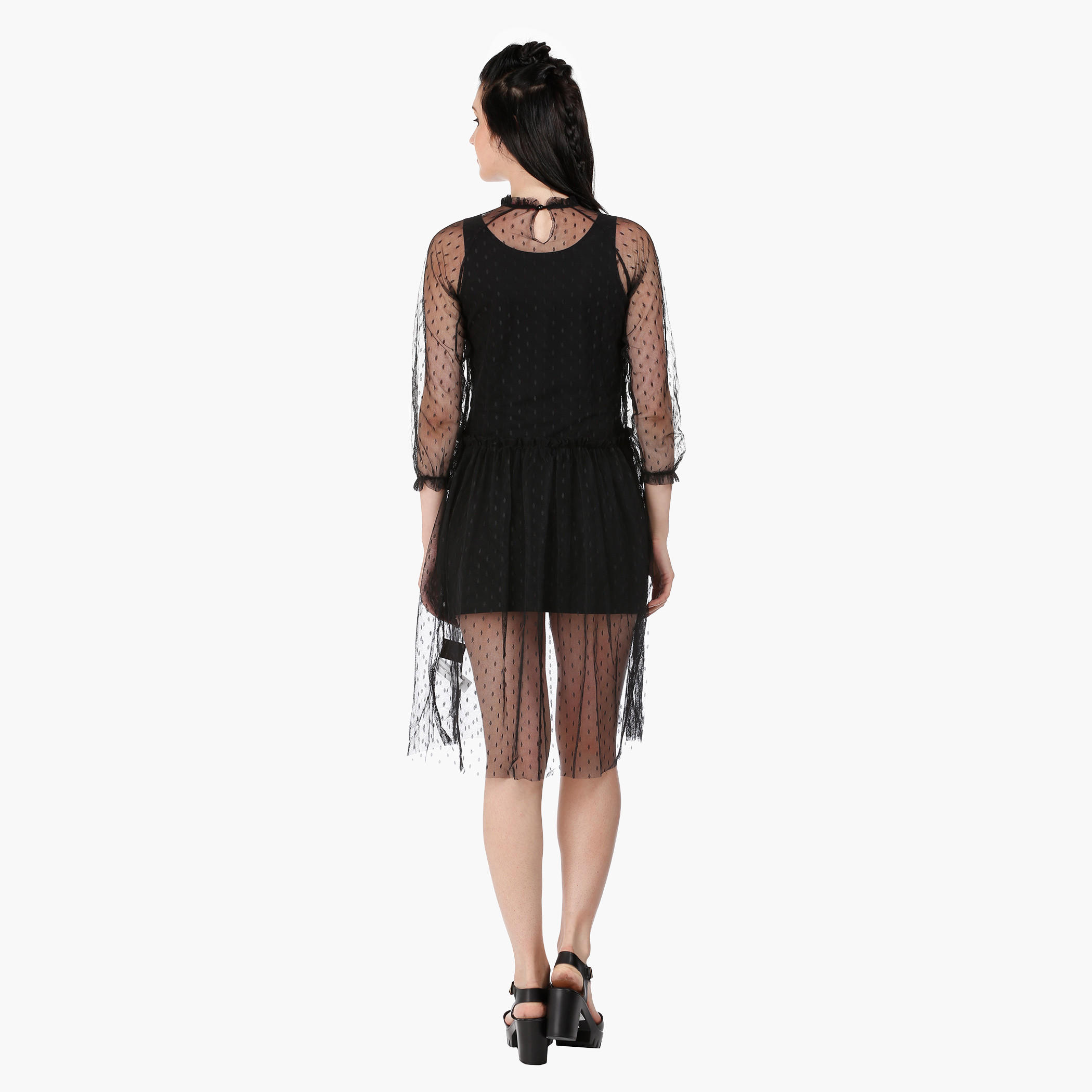 Lace Sheer Skater Dress with High Neck and Long Sleeves-women-clothing-dresses-image-2