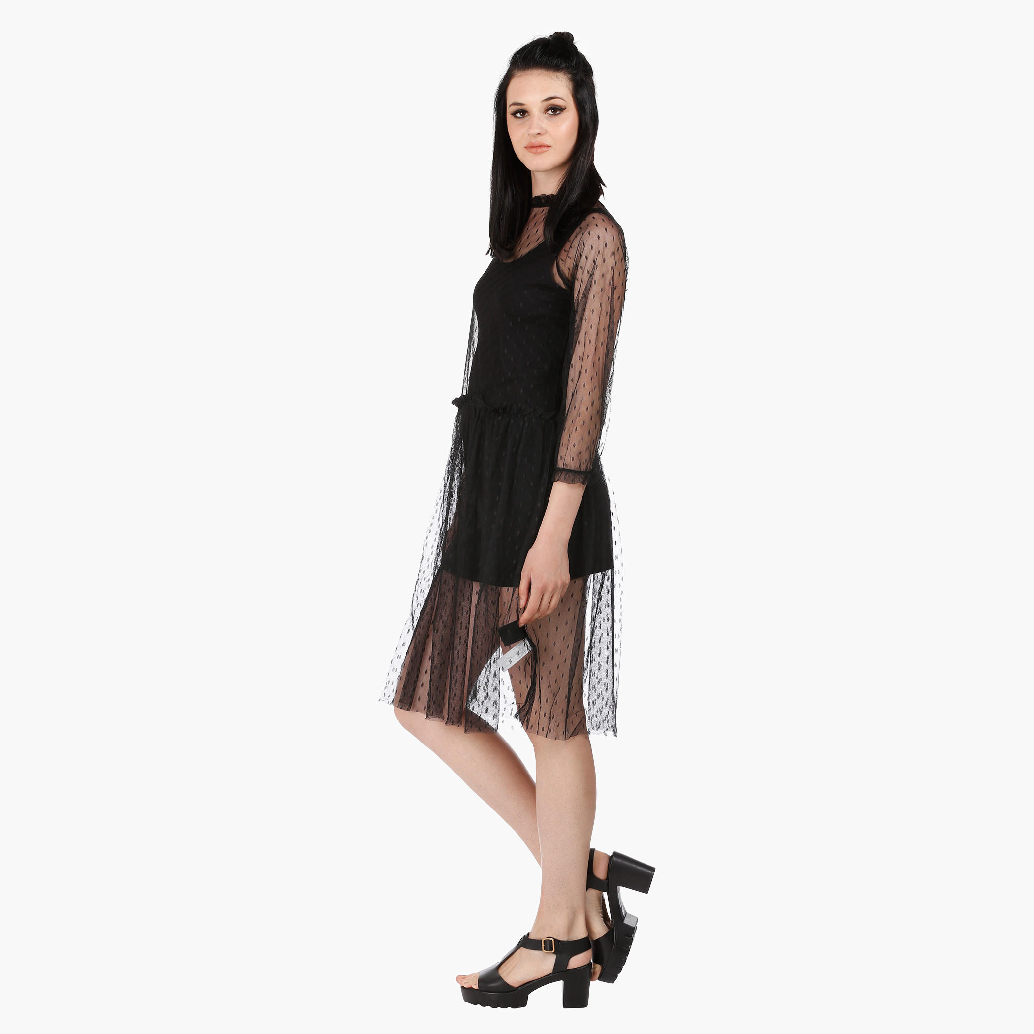 Lace Sheer Skater Dress with High Neck and Long Sleeves-women-clothing-dresses-image-3