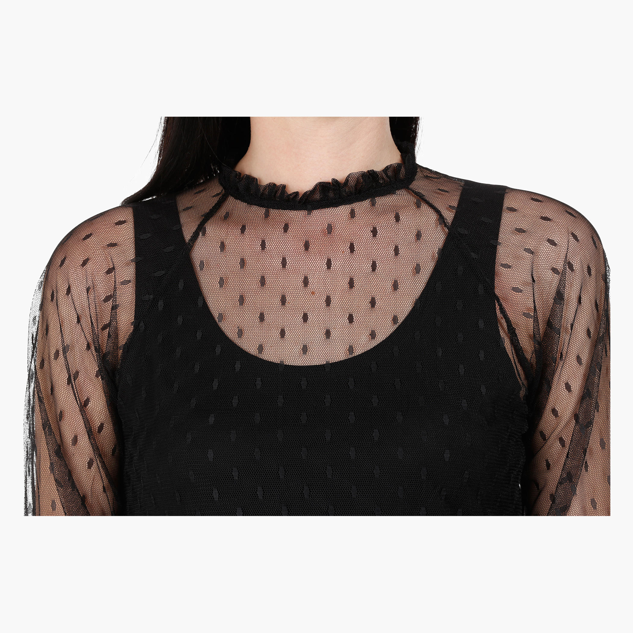 Lace Sheer Skater Dress with High Neck and Long Sleeves-women-clothing-dresses-image-4