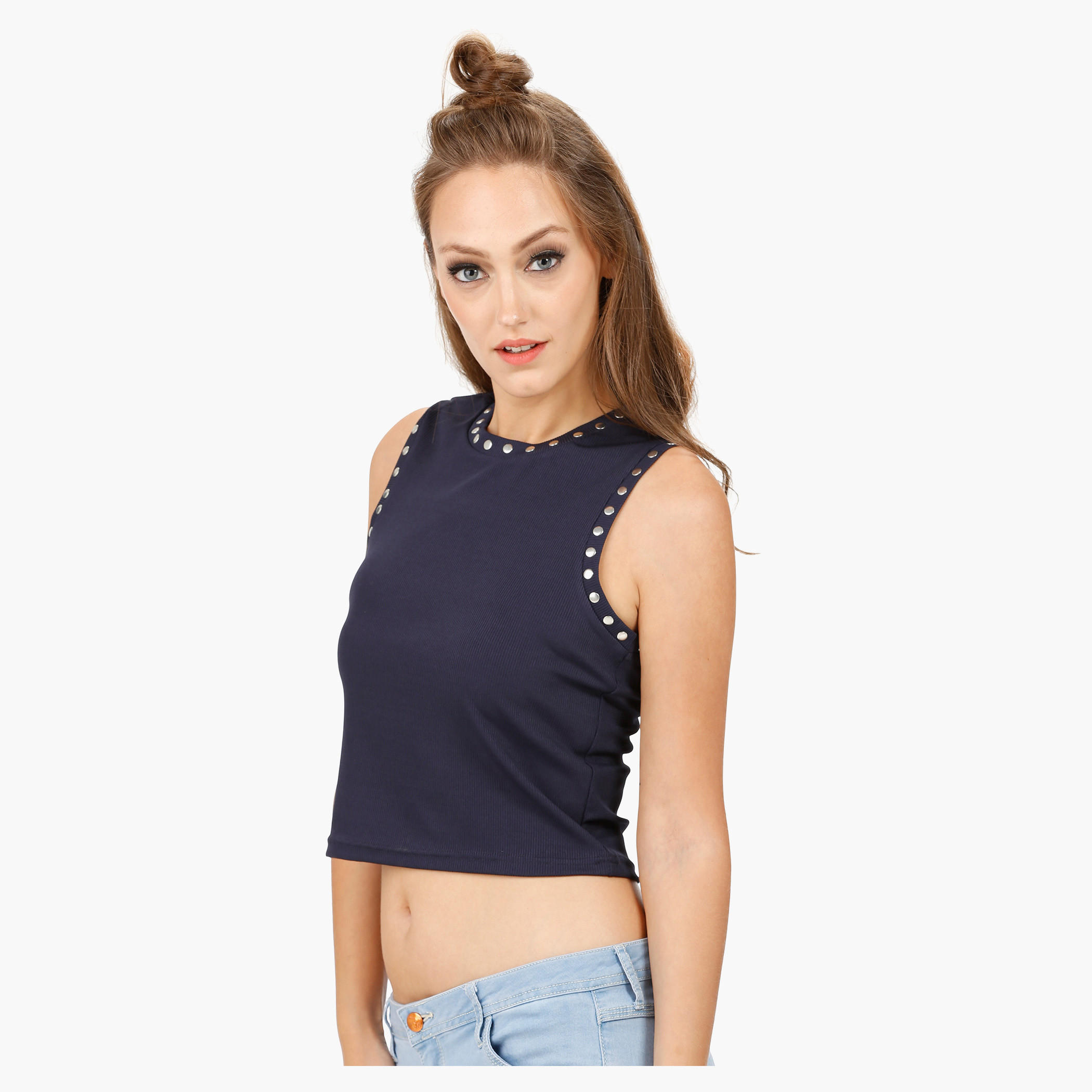 Sleeveless Crop Top With Riveting in Regular Fit-women-clothing-tshirts-image-3