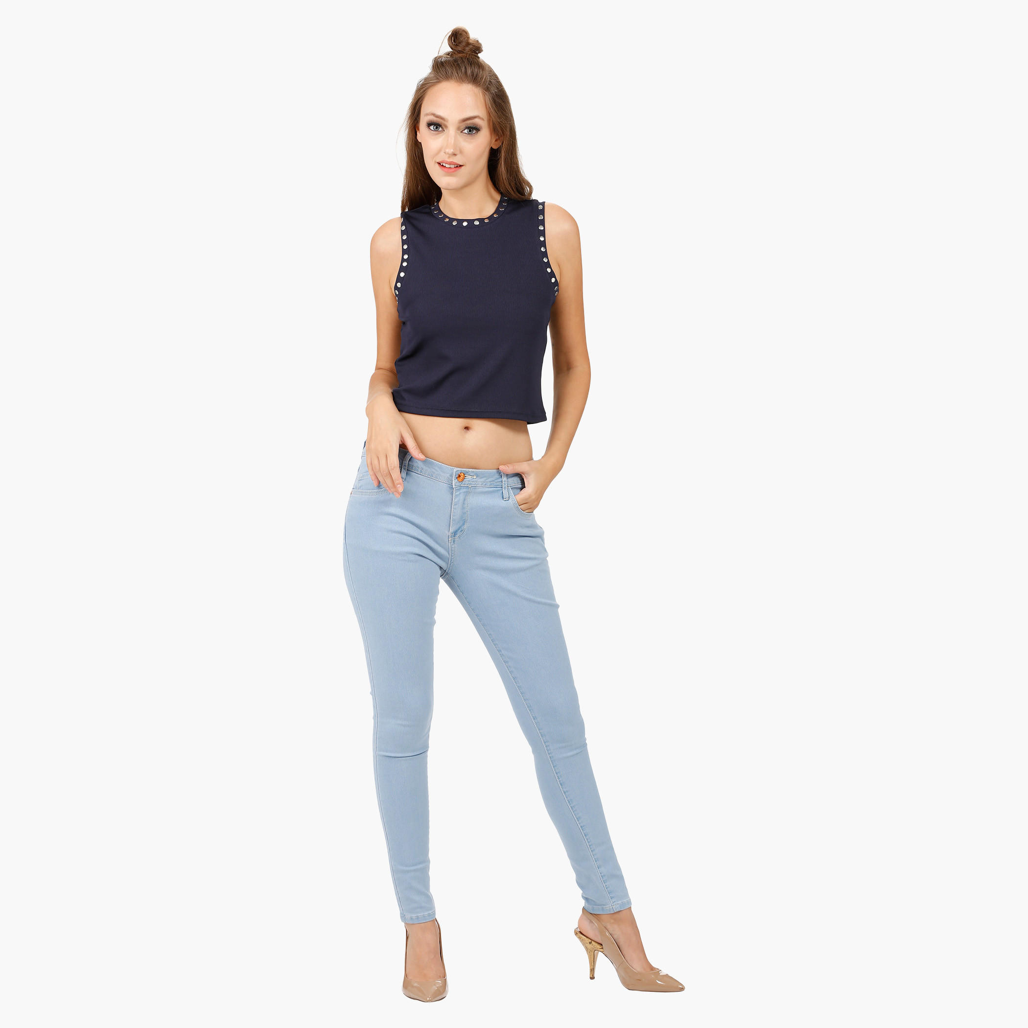 Sleeveless Crop Top With Riveting in Regular Fit-women-clothing-tshirts-image-5