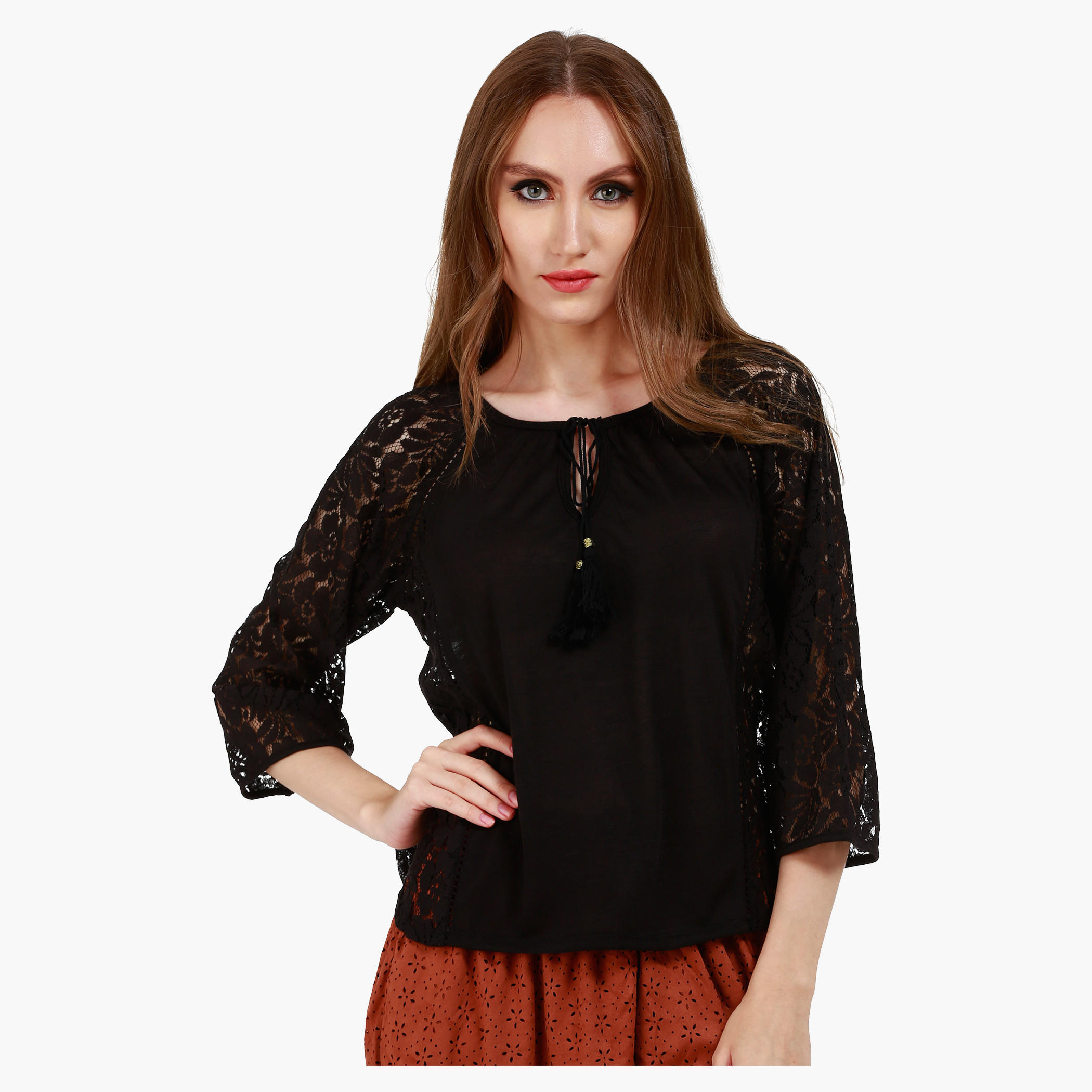 Lace Sleeve Top with Panel Details and Tie-up Round Neck-women-clothing-shirtsandblouses-blouses-image-1