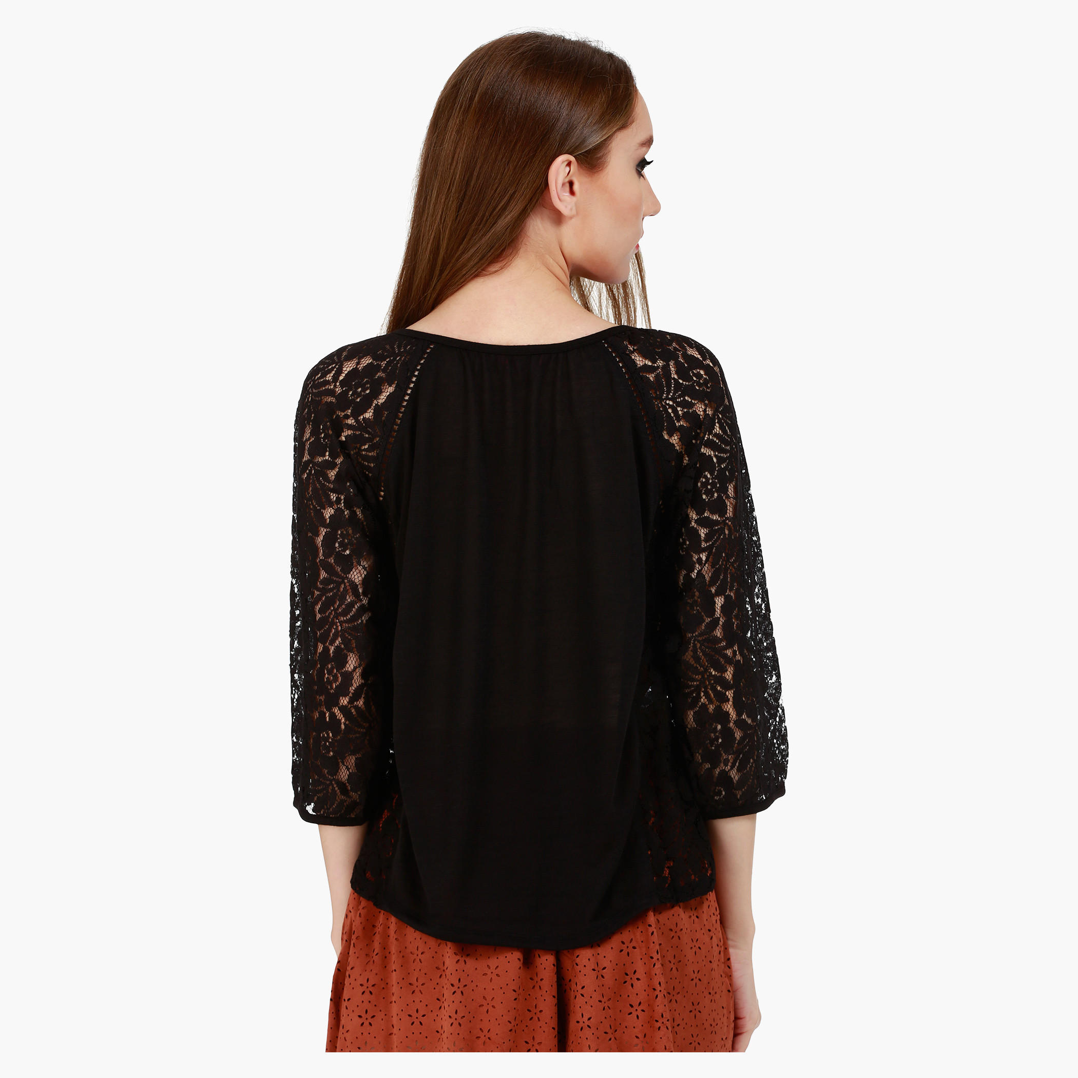 Lace Sleeve Top with Panel Details and Tie-up Round Neck-women-clothing-shirtsandblouses-blouses-image-2