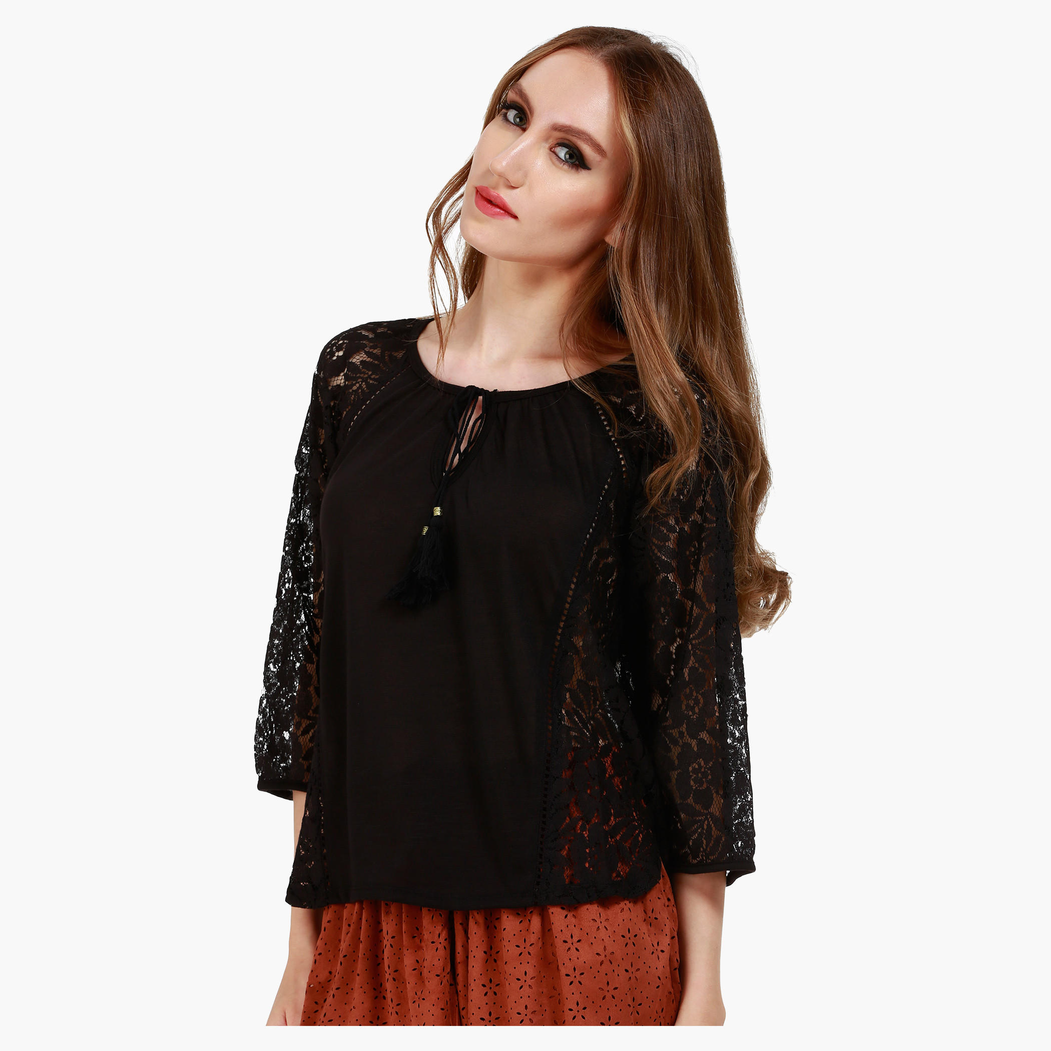 Lace Sleeve Top with Panel Details and Tie-up Round Neck-women-clothing-shirtsandblouses-blouses-image-3