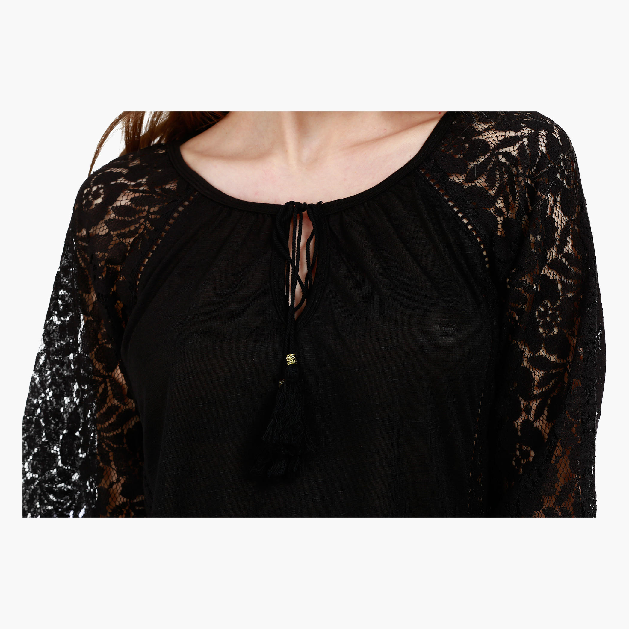 Lace Sleeve Top with Panel Details and Tie-up Round Neck-women-clothing-shirtsandblouses-blouses-image-4