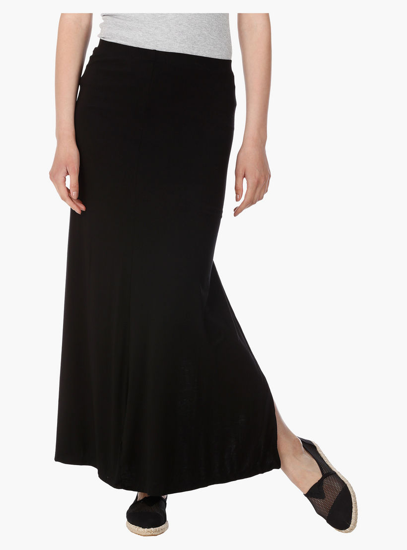Long Skirt with Knee Length Slit and Cut and Sew Detail in Regular Fit-women-clothing-bottoms-skirts-image-1