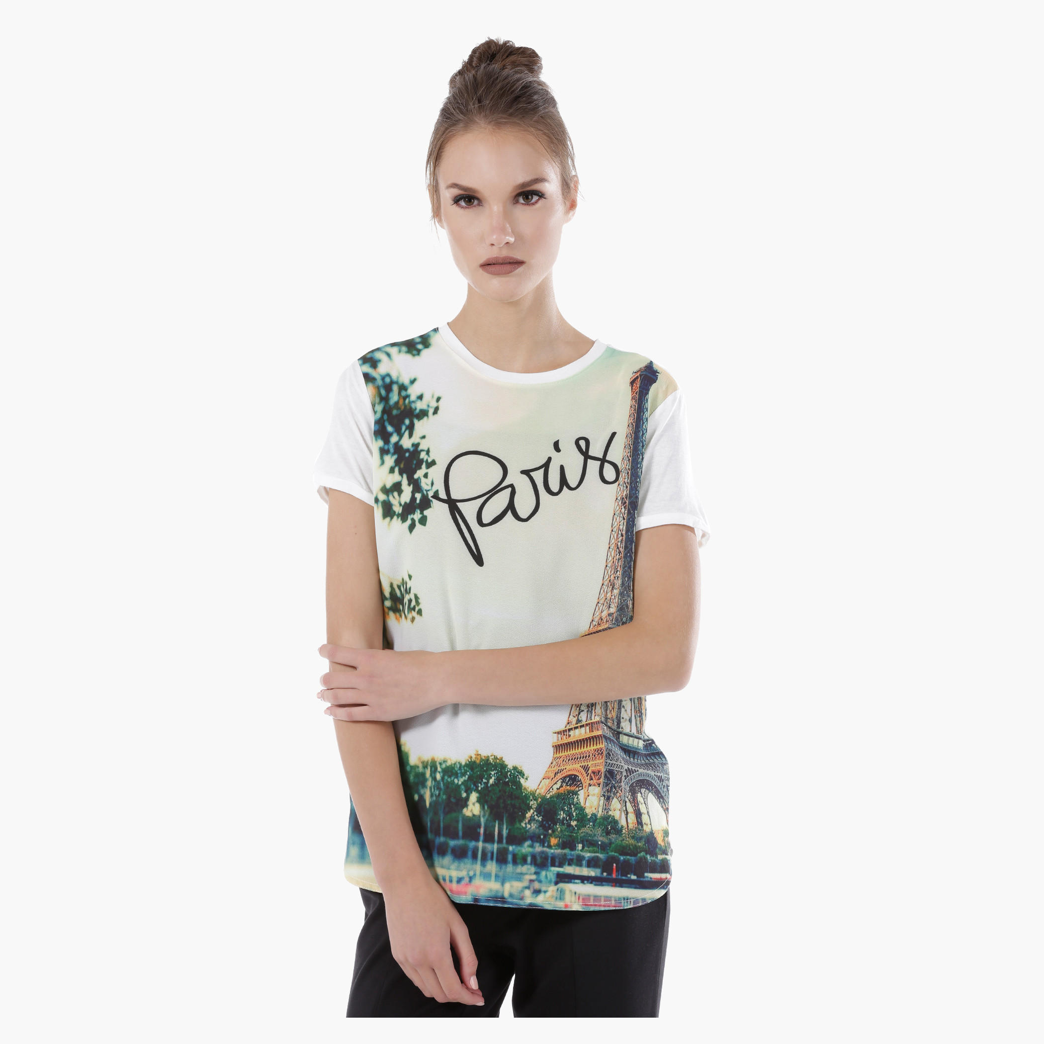 Eiffel Tower Printed Top with Round Neck and Short Sleeves-women-clothing-tshirts-image-1