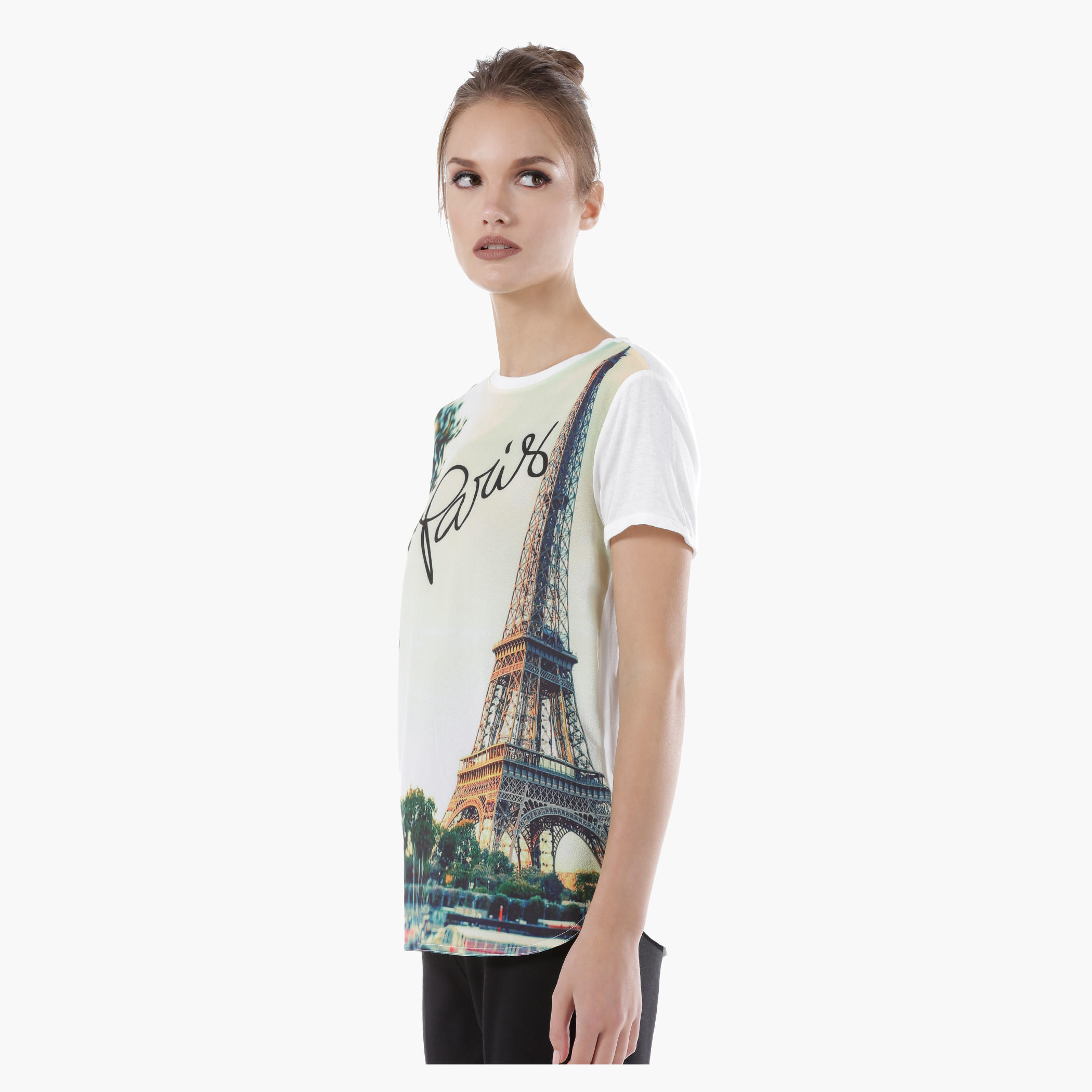 Eiffel Tower Printed Top with Round Neck and Short Sleeves-women-clothing-tshirts-image-3