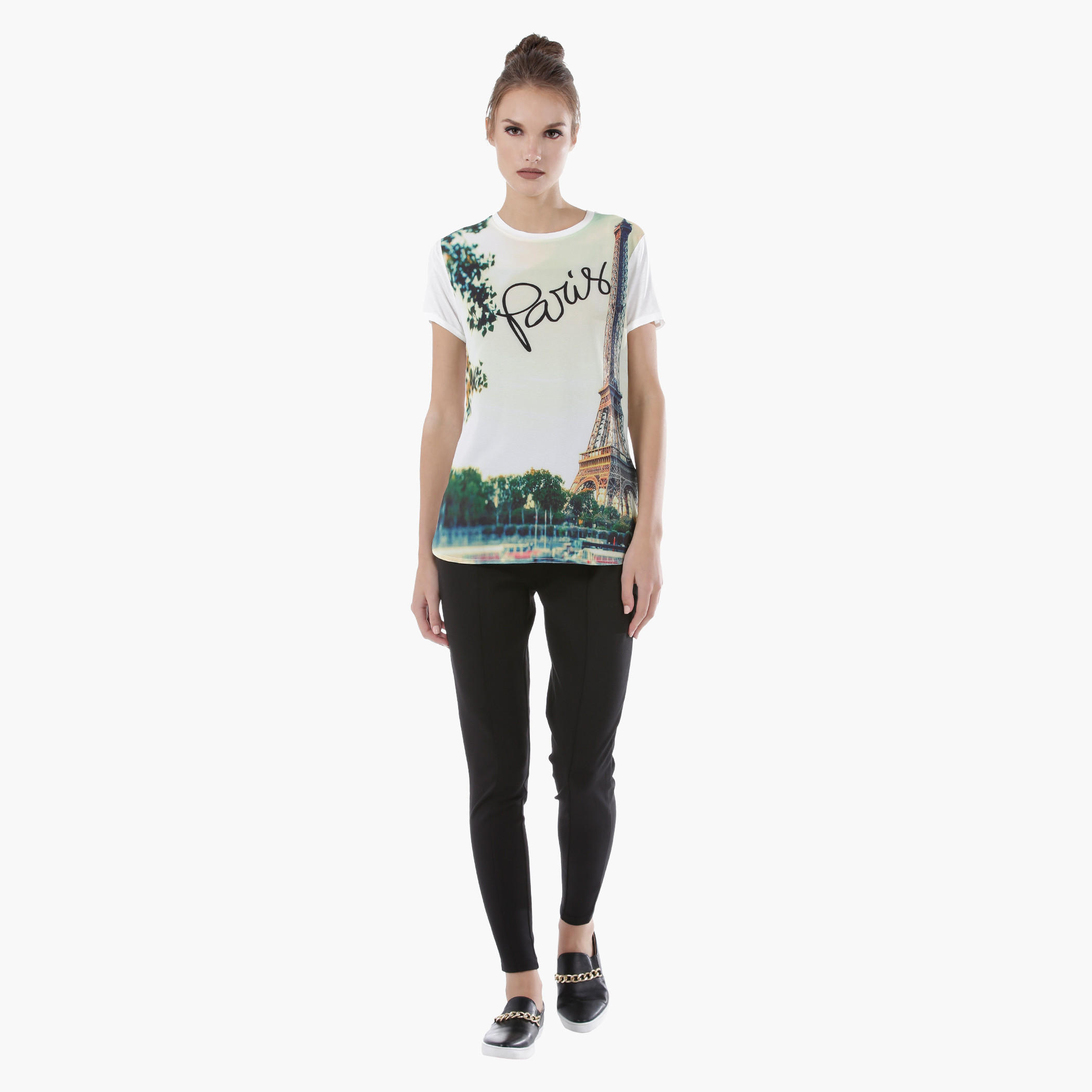 Eiffel Tower Printed Top with Round Neck and Short Sleeves-women-clothing-tshirts-image-5