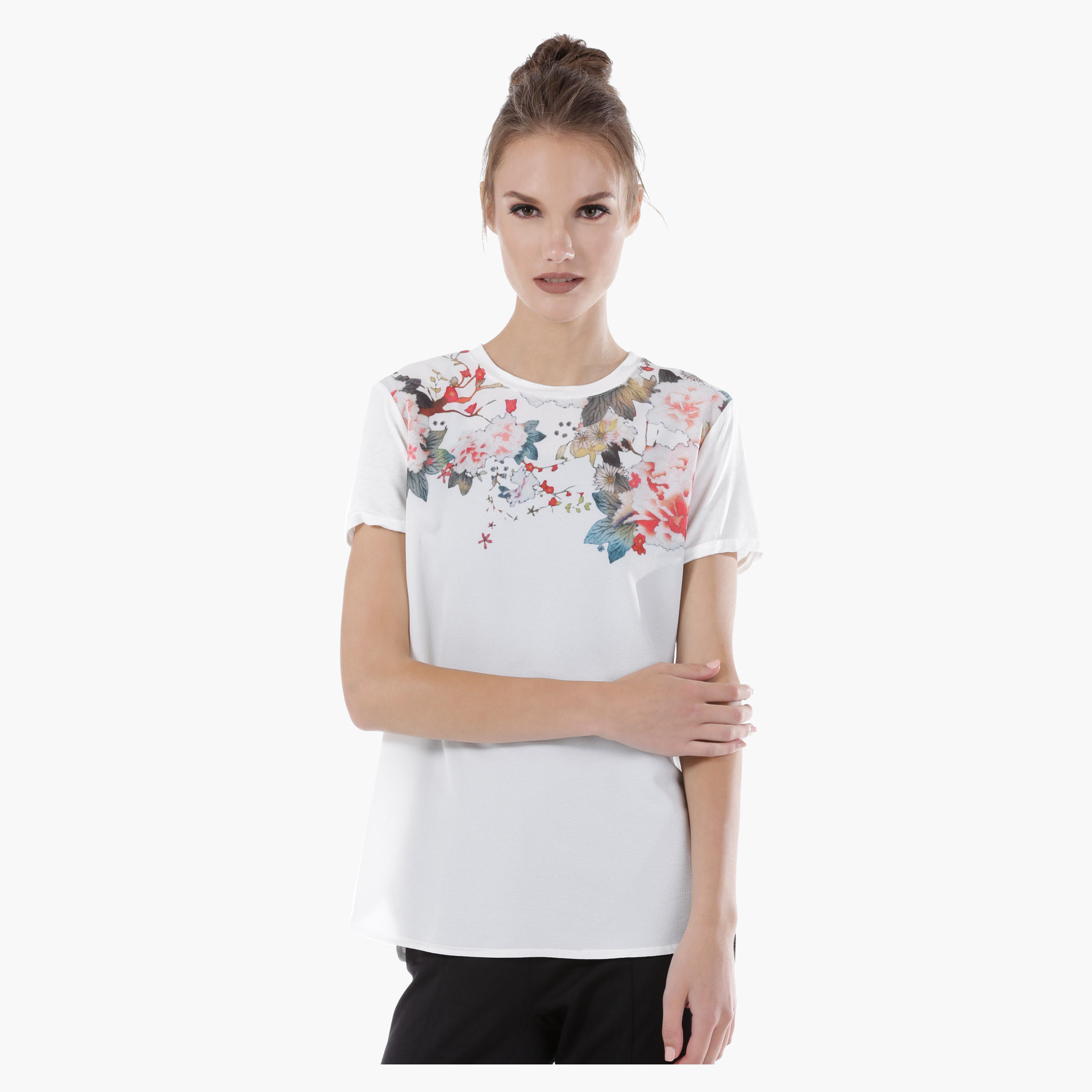 Floral Print Top with Round Neck and Short Sleeves-women-clothing-tshirts-image-1