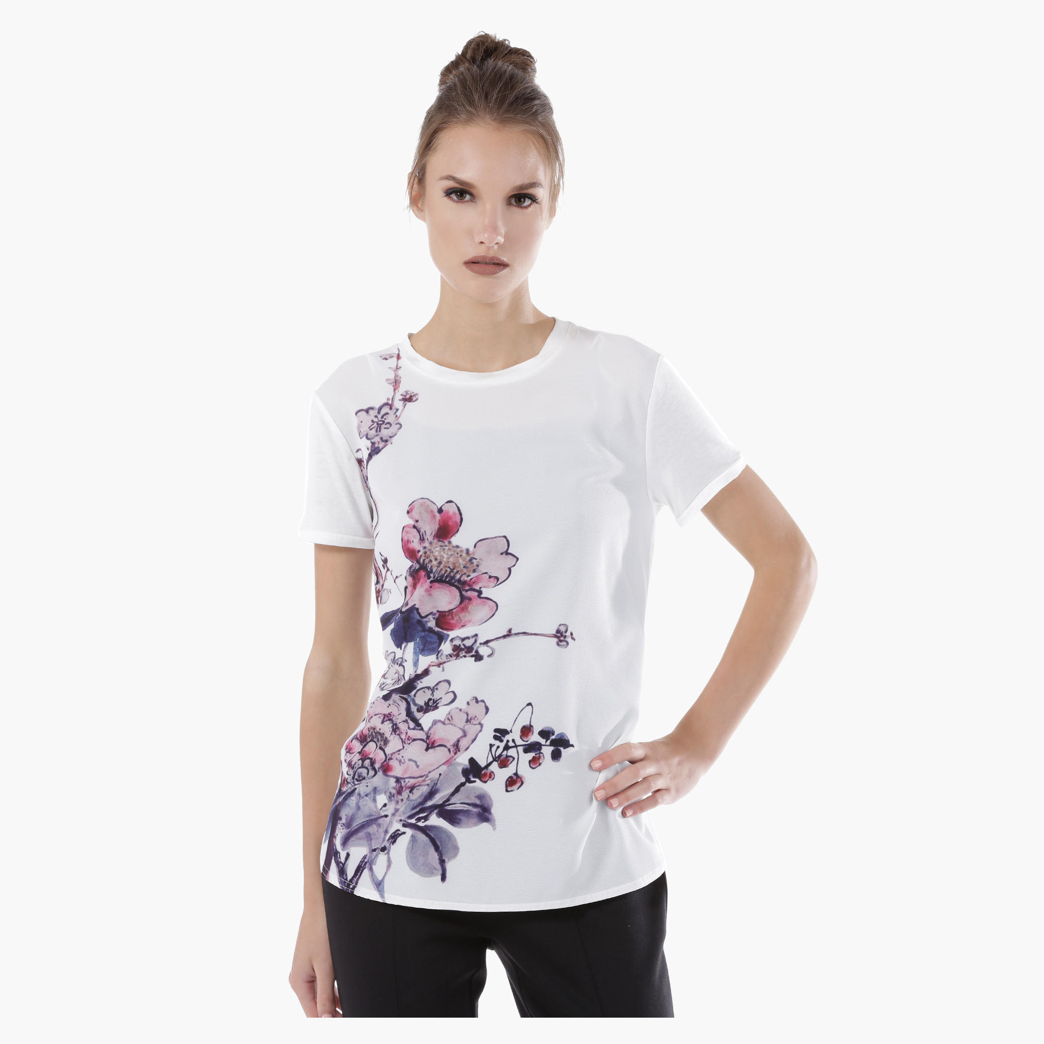 Floral Print Top with Round Neck and Short Sleeves-women-clothing-tshirts-image-1
