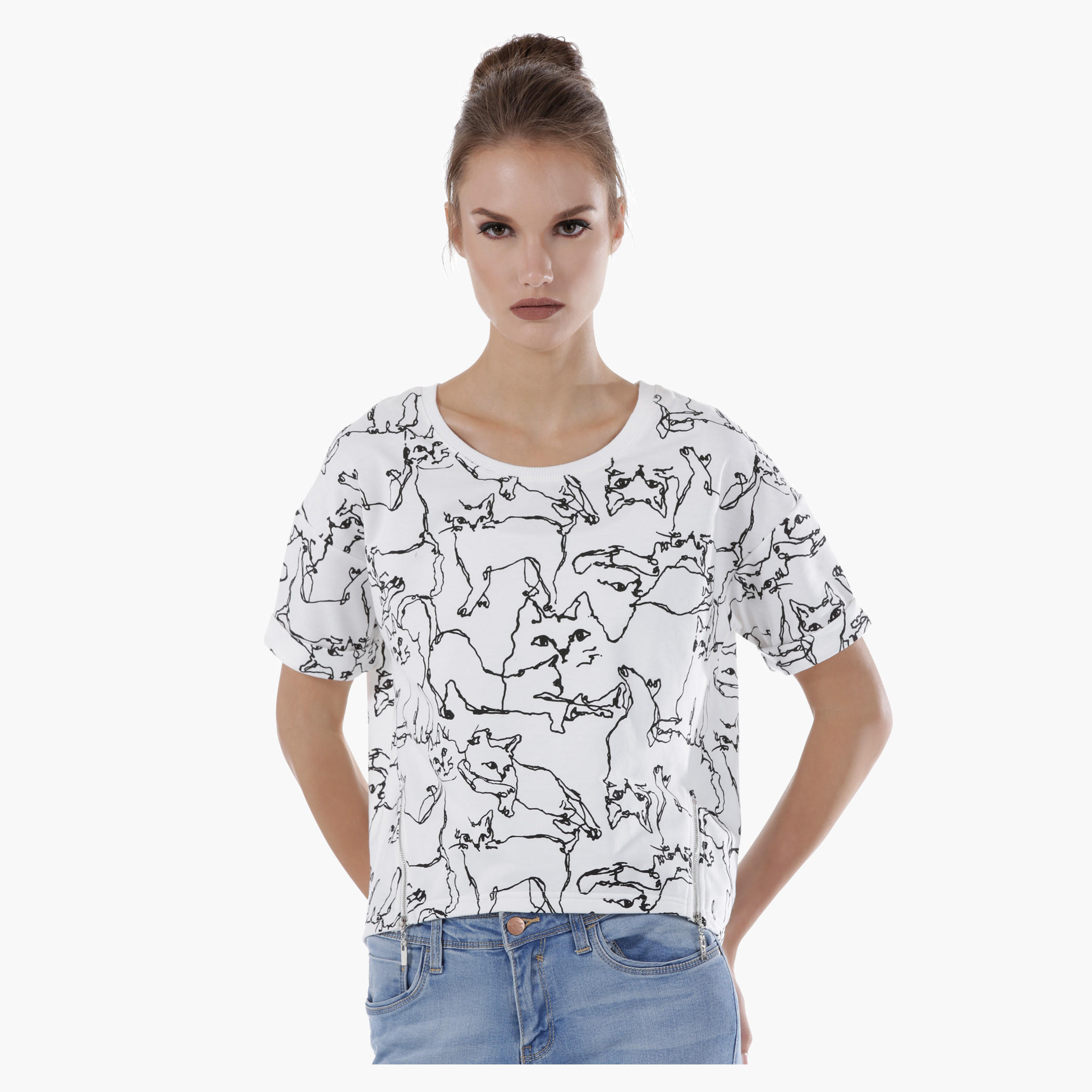 Cat Print Top with Side Zip Detail-women-clothing-shirtsandblouses-blouses-image-1