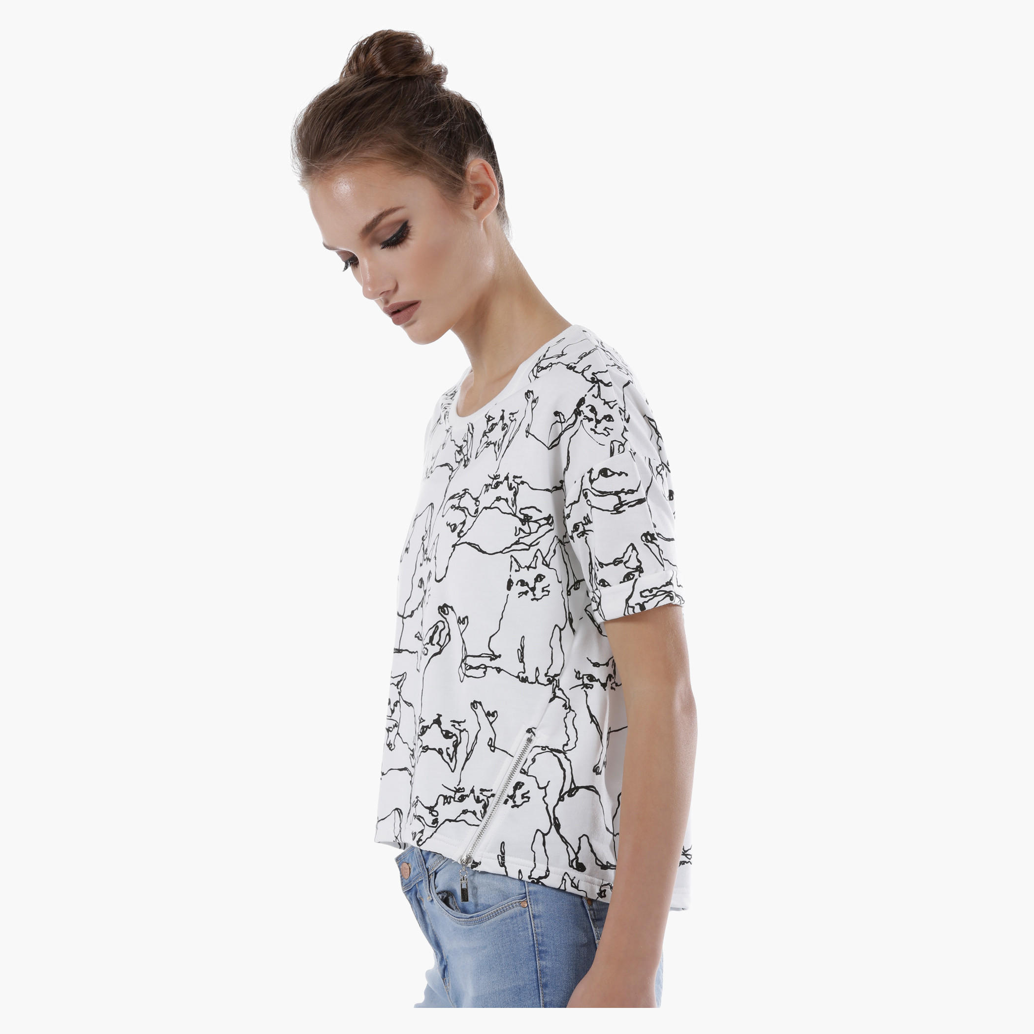 Cat Print Top with Side Zip Detail-women-clothing-shirtsandblouses-blouses-image-3