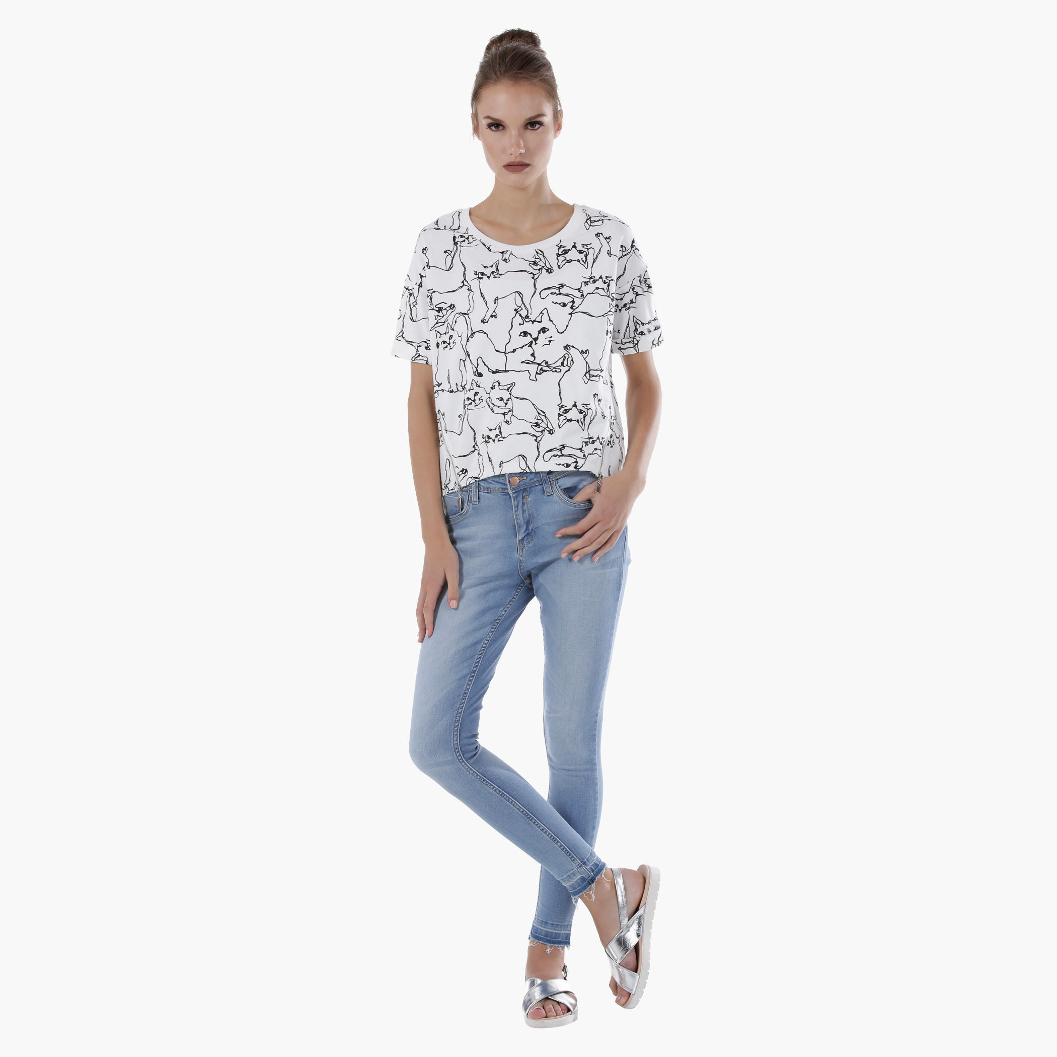 Cat Print Top with Side Zip Detail-women-clothing-shirtsandblouses-blouses-image-5