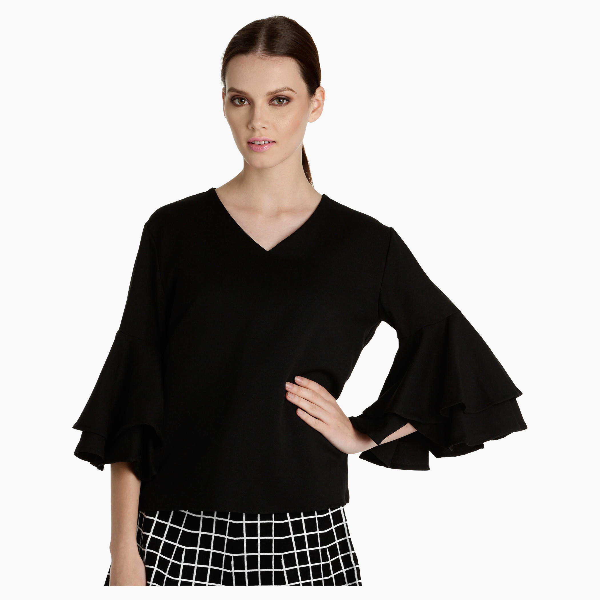 V-Neck Top with Bell Sleeves-women-clothing-shirtsandblouses-blouses-image-1