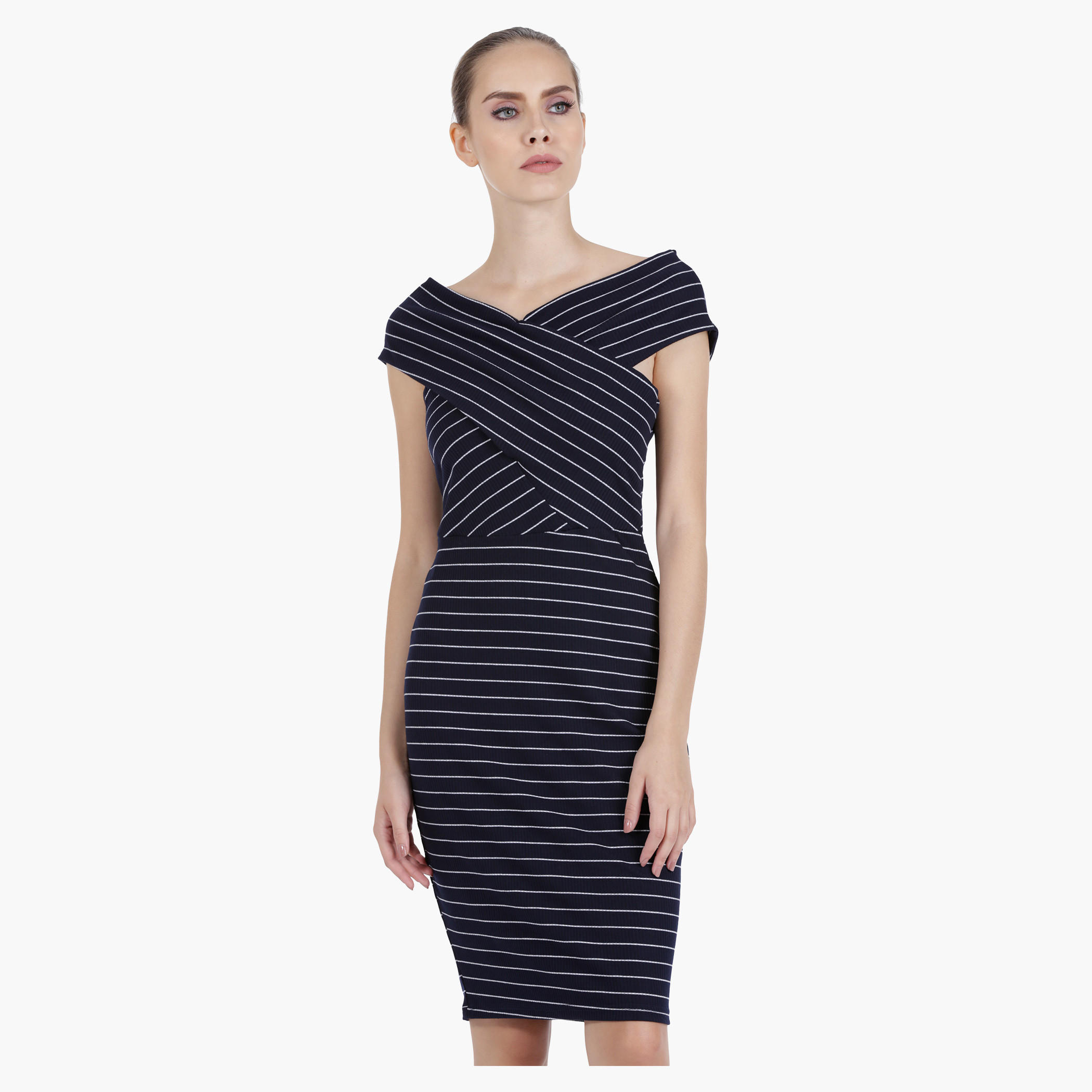 Striped Bodycon Dress with Open Crossover Sleeves in Regular Fit-women-clothing-dresses-image-1
