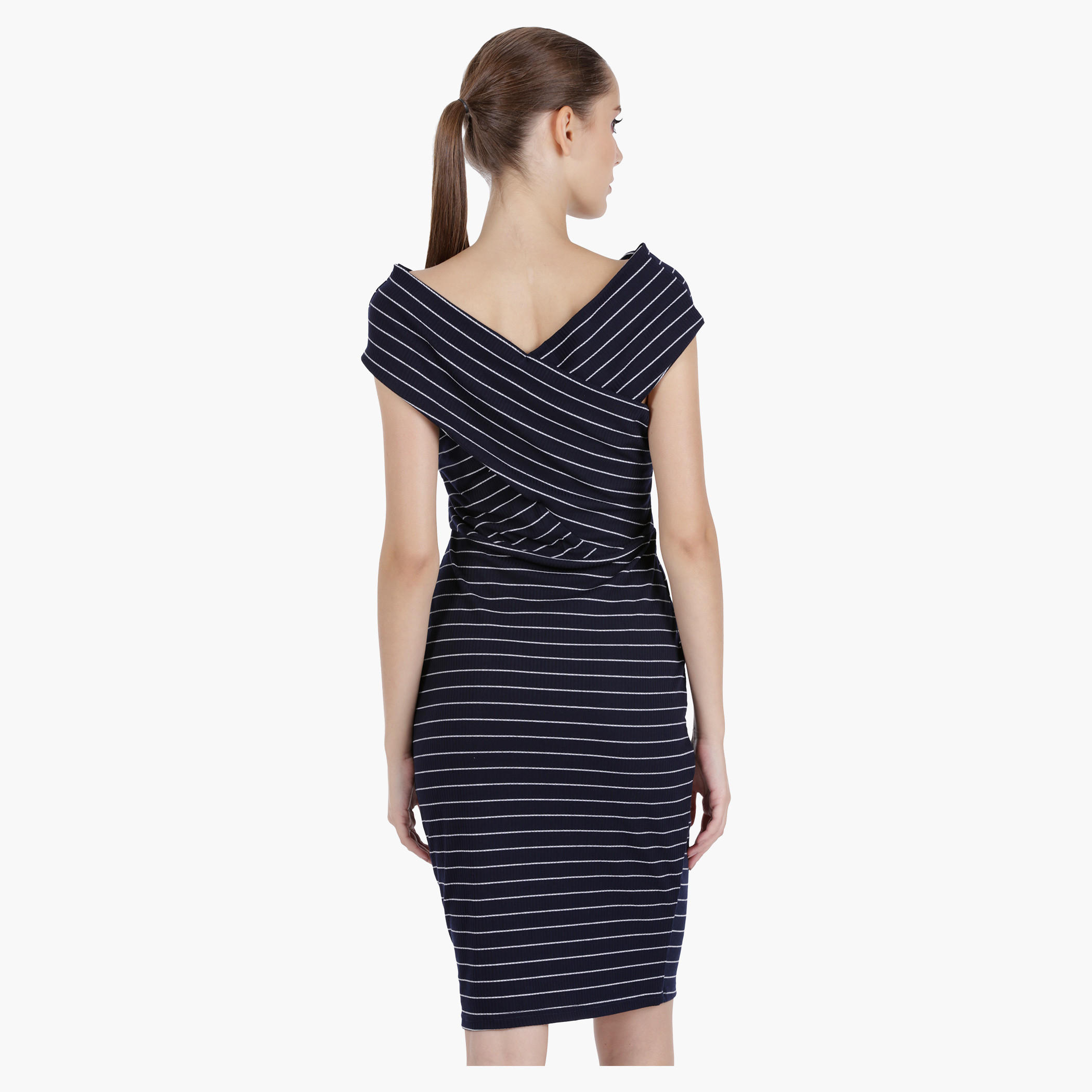 Striped Bodycon Dress with Open Crossover Sleeves in Regular Fit-women-clothing-dresses-image-2