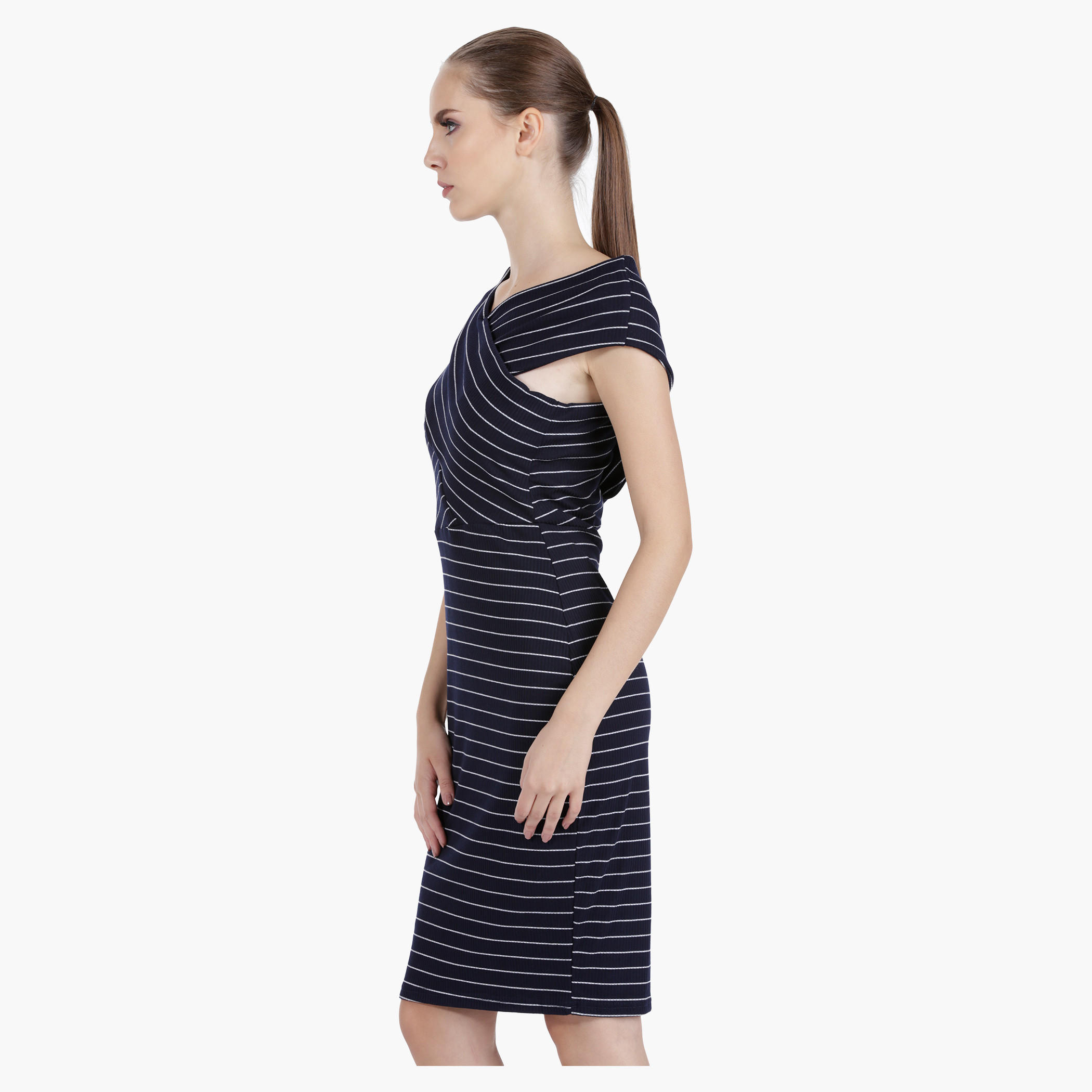 Striped Bodycon Dress with Open Crossover Sleeves in Regular Fit-women-clothing-dresses-image-3
