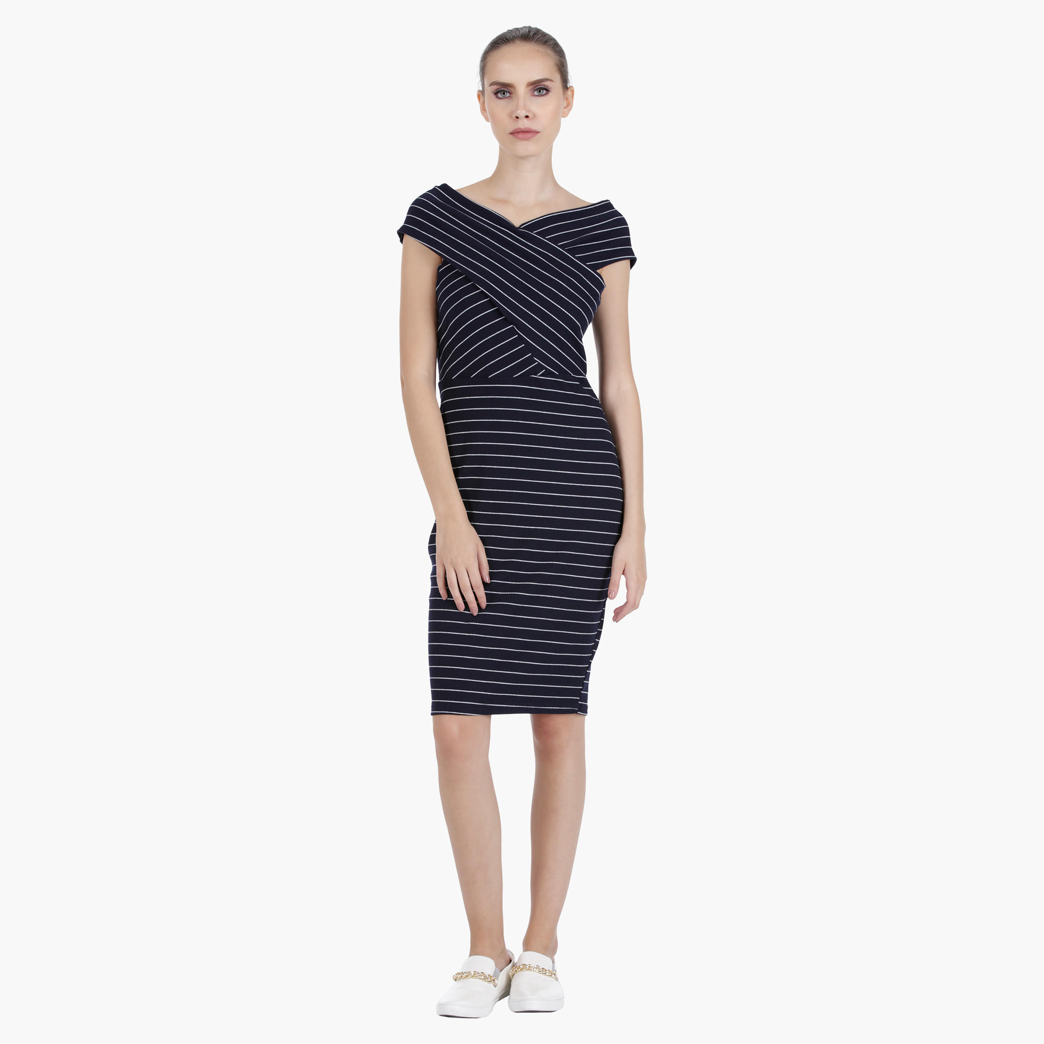 Striped Bodycon Dress with Open Crossover Sleeves in Regular Fit-women-clothing-dresses-image-5