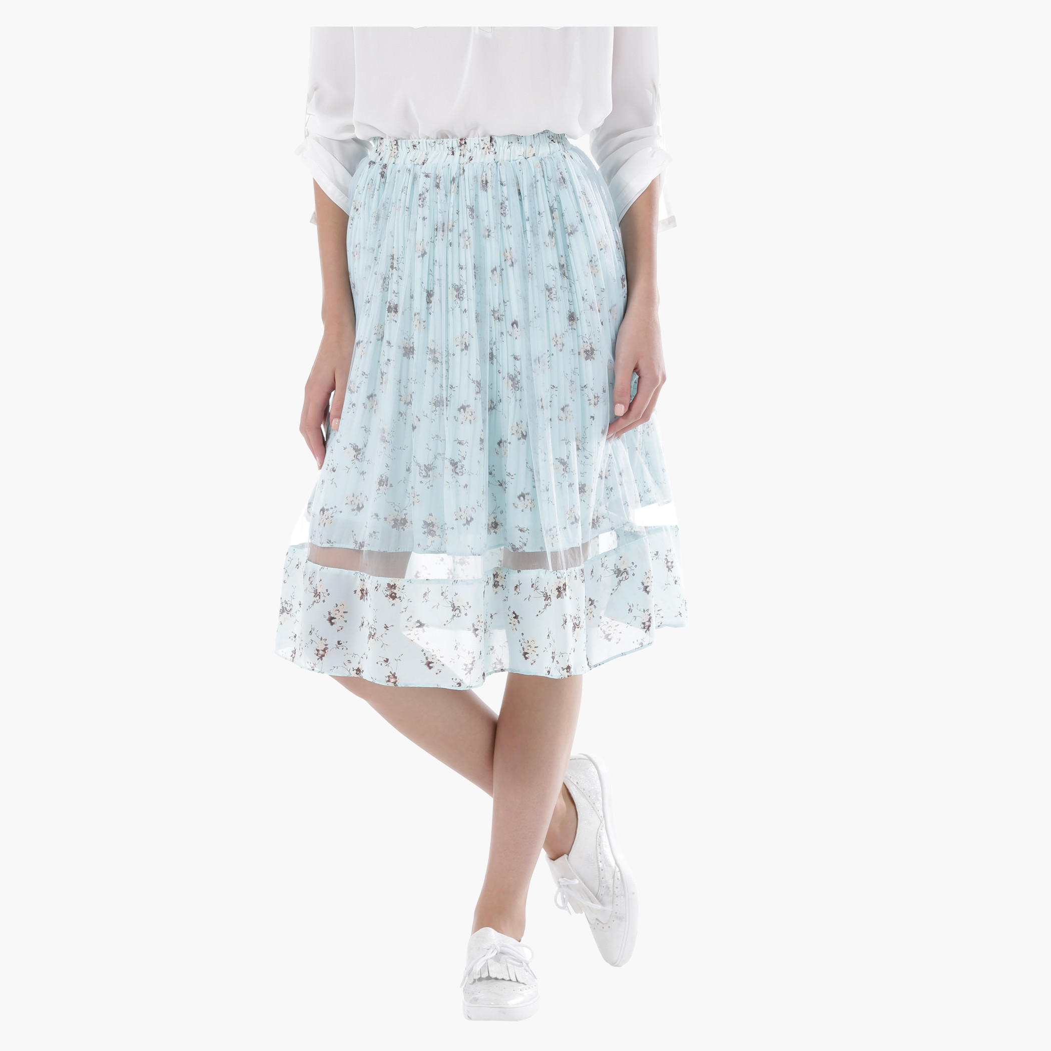 Floral Layered Skirt with Pleats and Mesh Panels in Regular Fit-women-clothing-bottoms-skirts-image-1