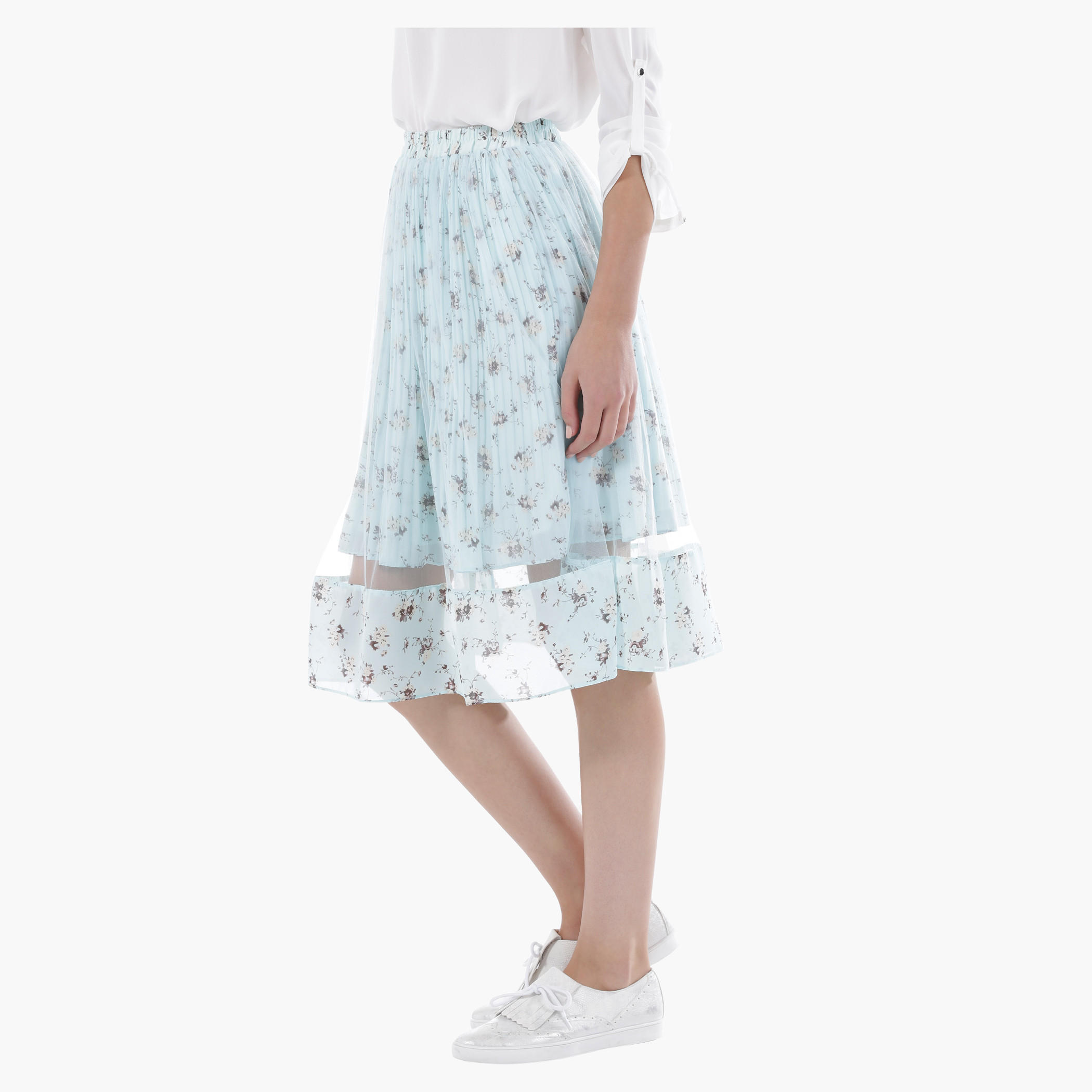 Floral Layered Skirt with Pleats and Mesh Panels in Regular Fit-women-clothing-bottoms-skirts-image-3