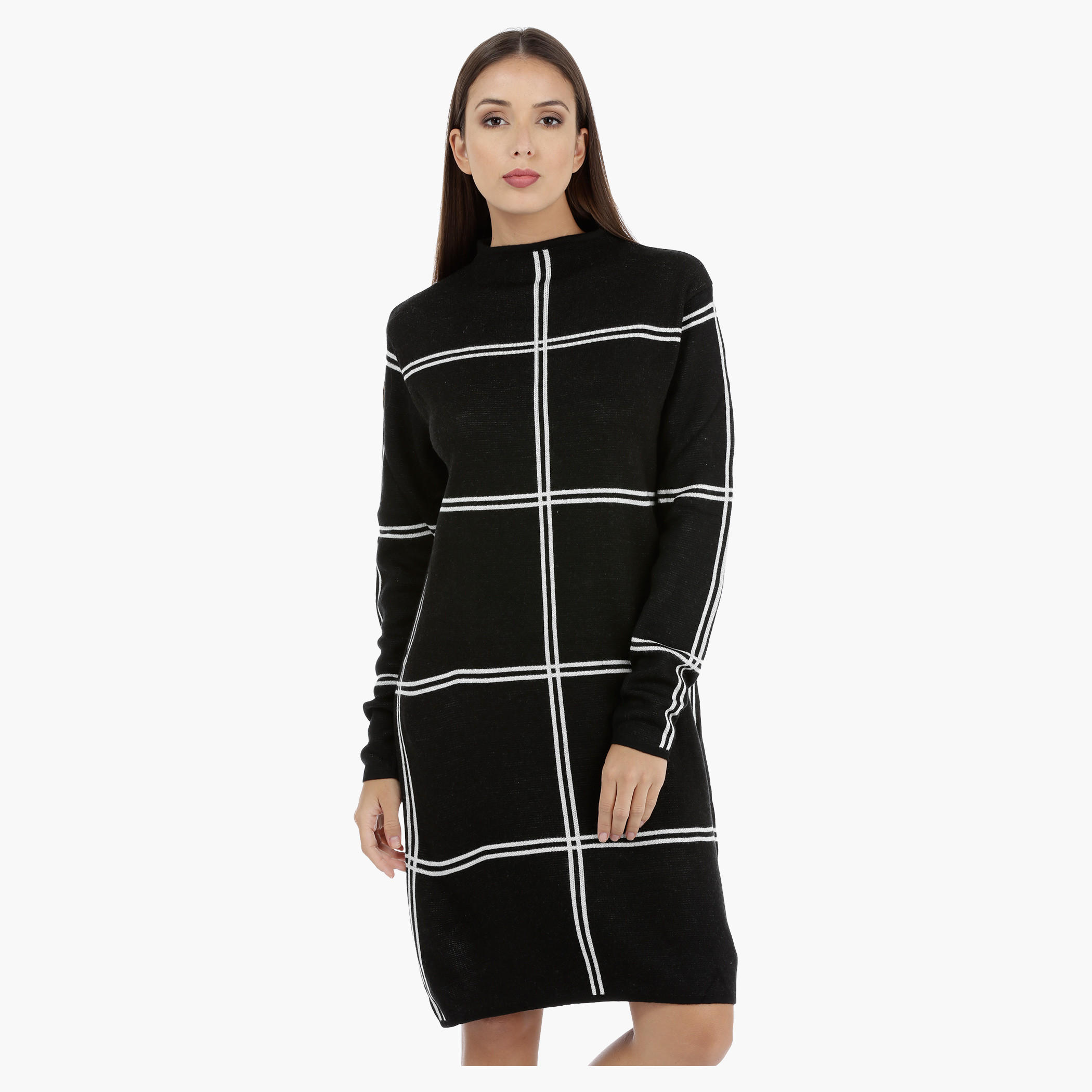 Window Pane Sweater Dress with Long Sleeves-women-clothing-dresses-image-1