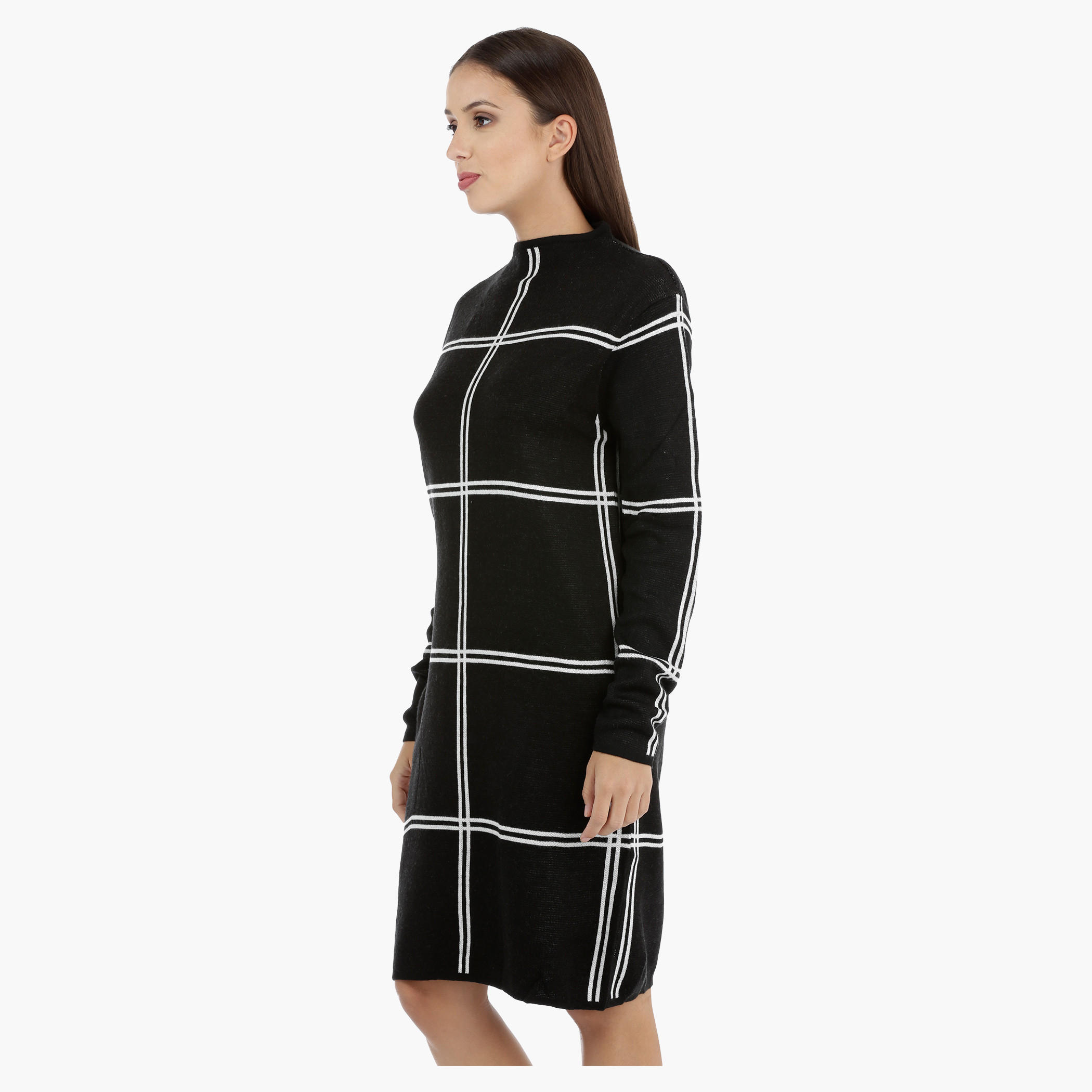 Window Pane Sweater Dress with Long Sleeves-women-clothing-dresses-image-3