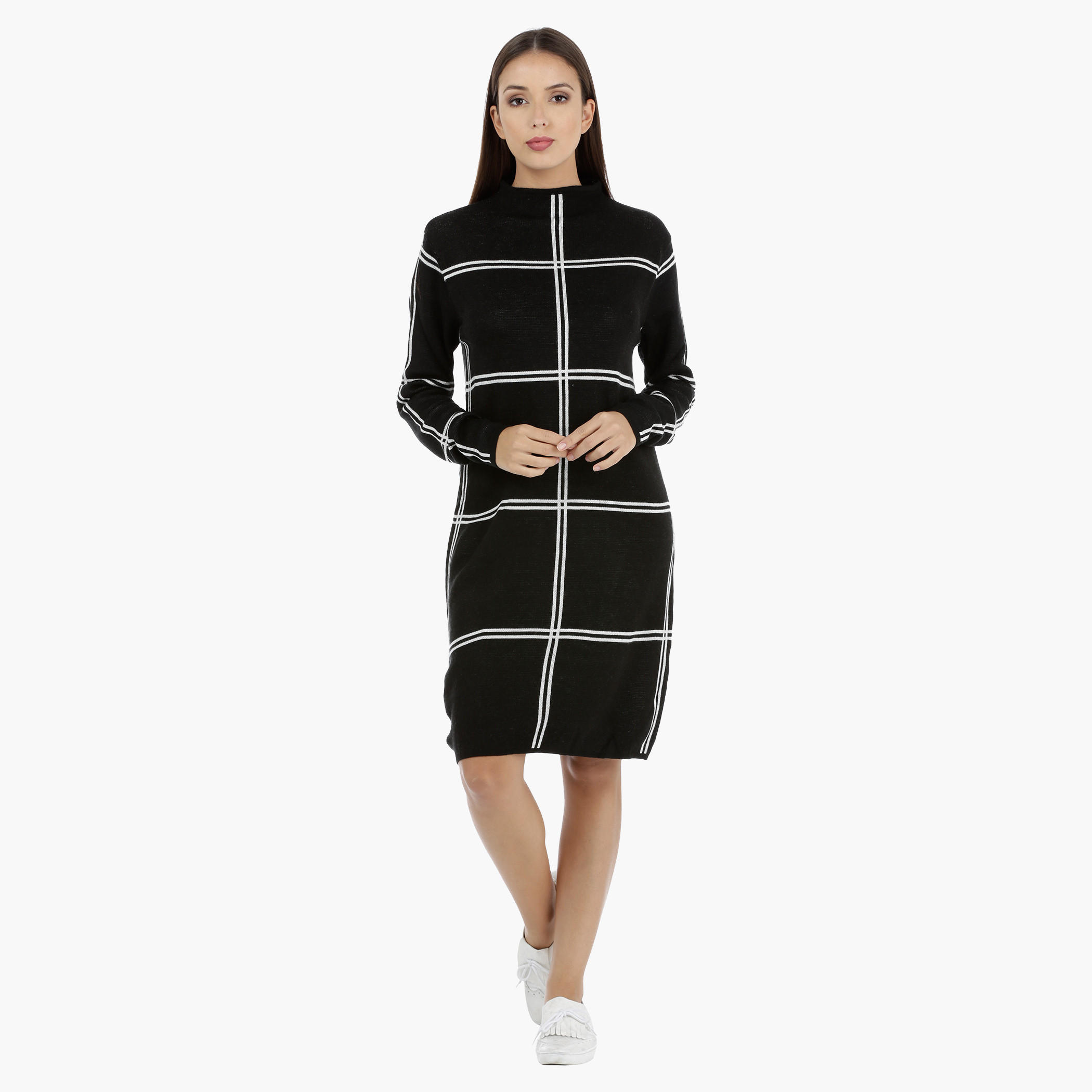 Window Pane Sweater Dress with Long Sleeves-women-clothing-dresses-image-5