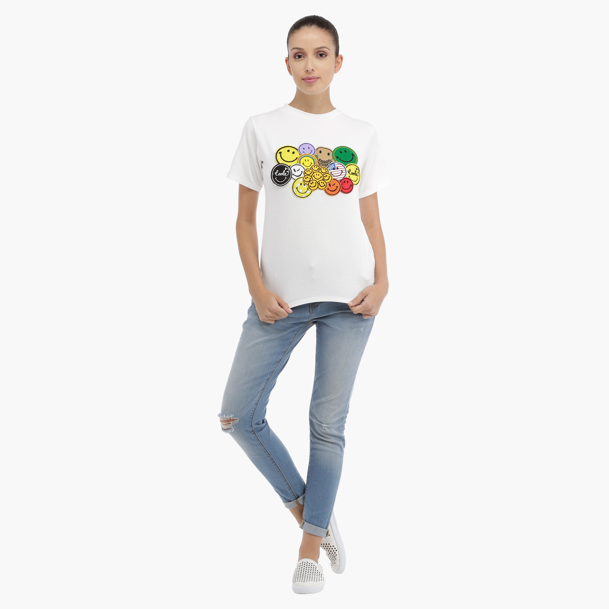Short Sleeves T-Shirt with Patch Applique-women-clothing-tshirts-image-1