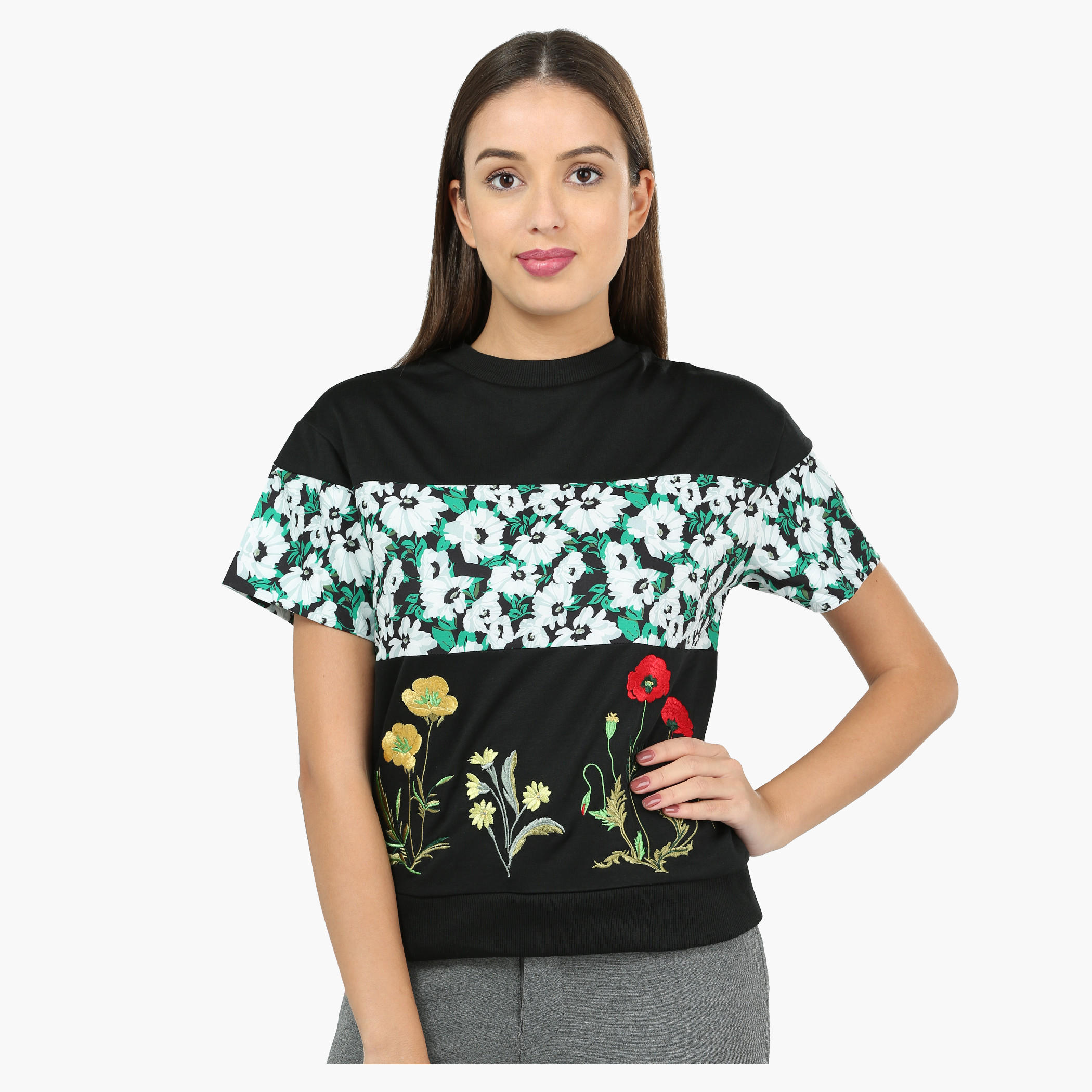 Embroidered Crew Neck Top with short Sleeves-women-clothing-tshirts-image-1