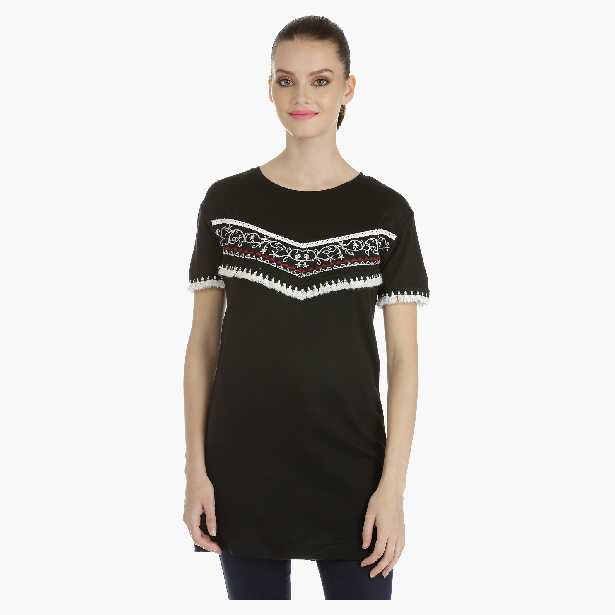 Embroidered T-shirt with Tassel Detail-women-clothing-shirtsandblouses-blouses-image-1