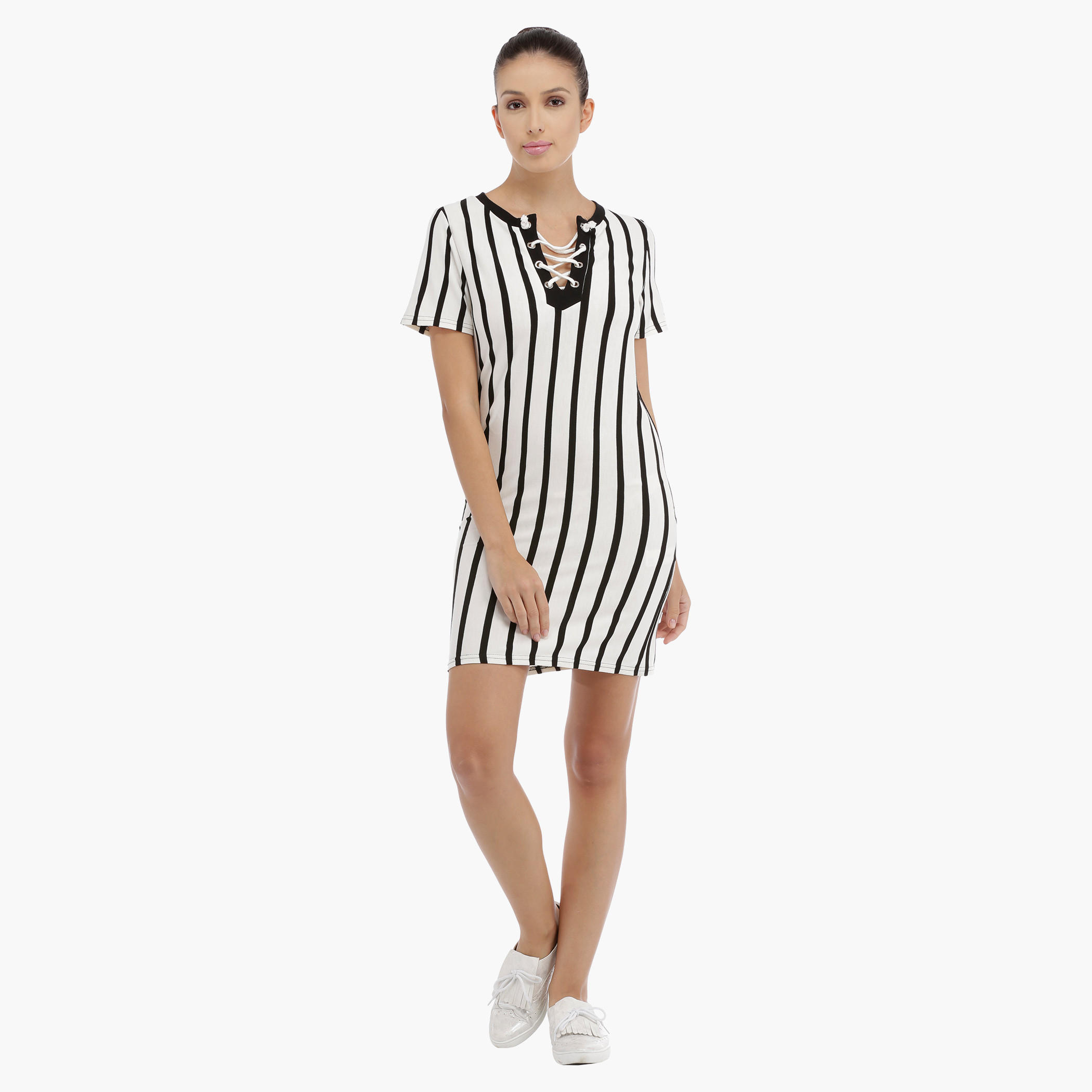 Striped Longline Top with Yoke Tie Ups-women-clothing-dresses-image-5