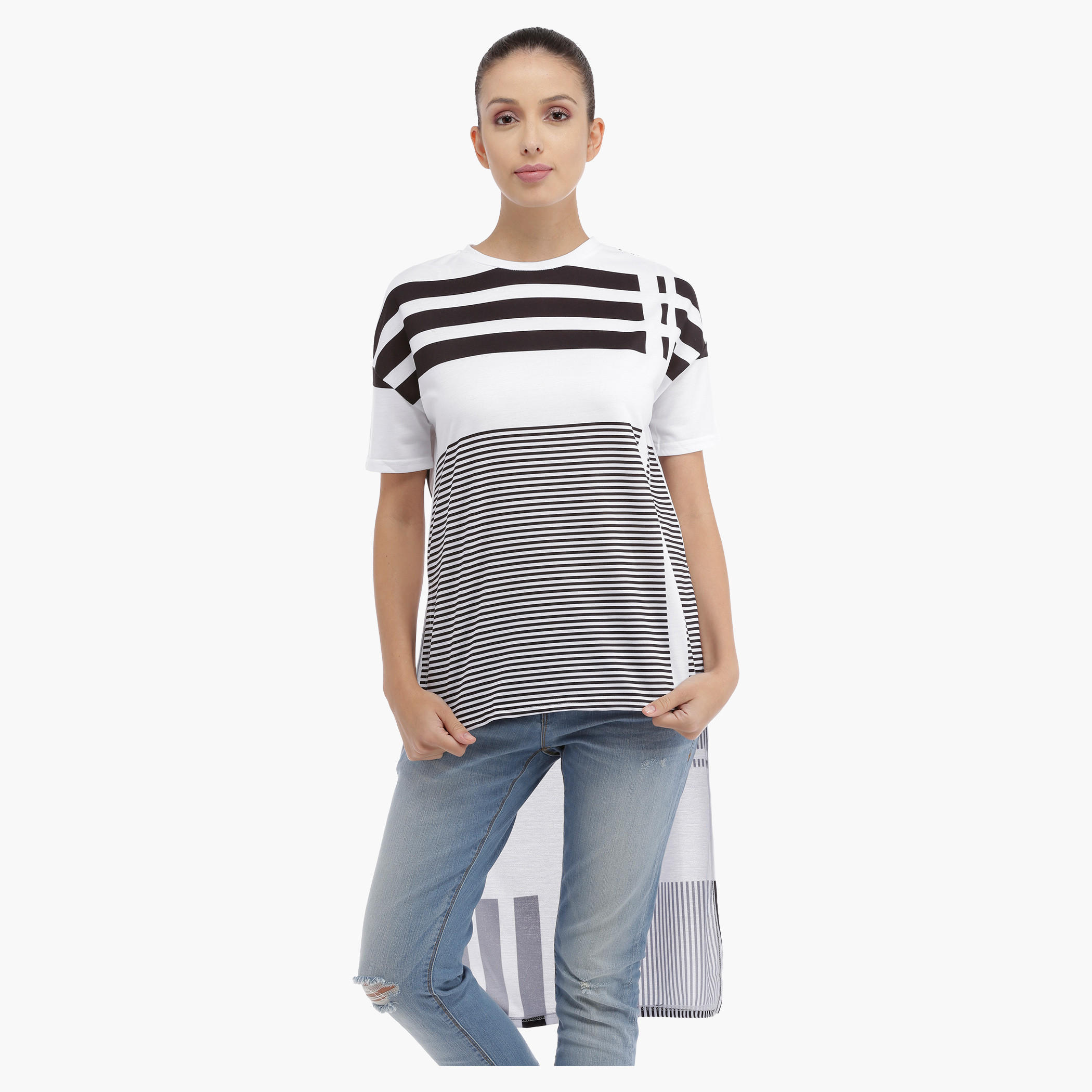 Striped T-shirt with High Low Hem-women-clothing-tshirts-image-1