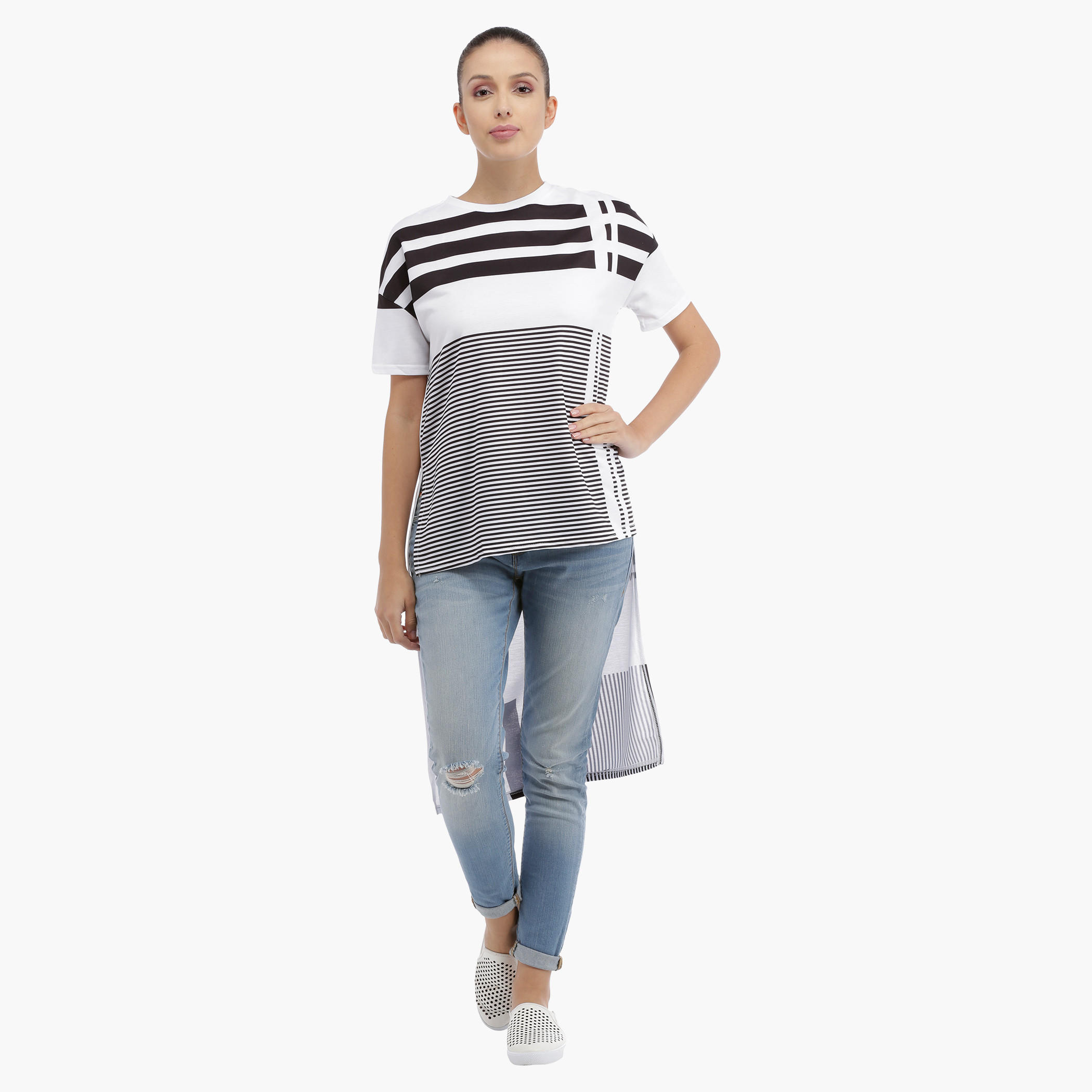 Striped T-shirt with High Low Hem-women-clothing-tshirts-image-1