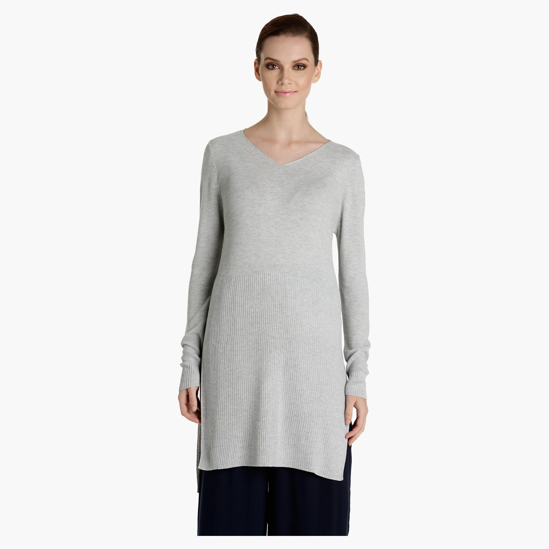 Ribbed Long Sweater with Side Slits-women-clothing-shirtsandblouses-blouses-image-1