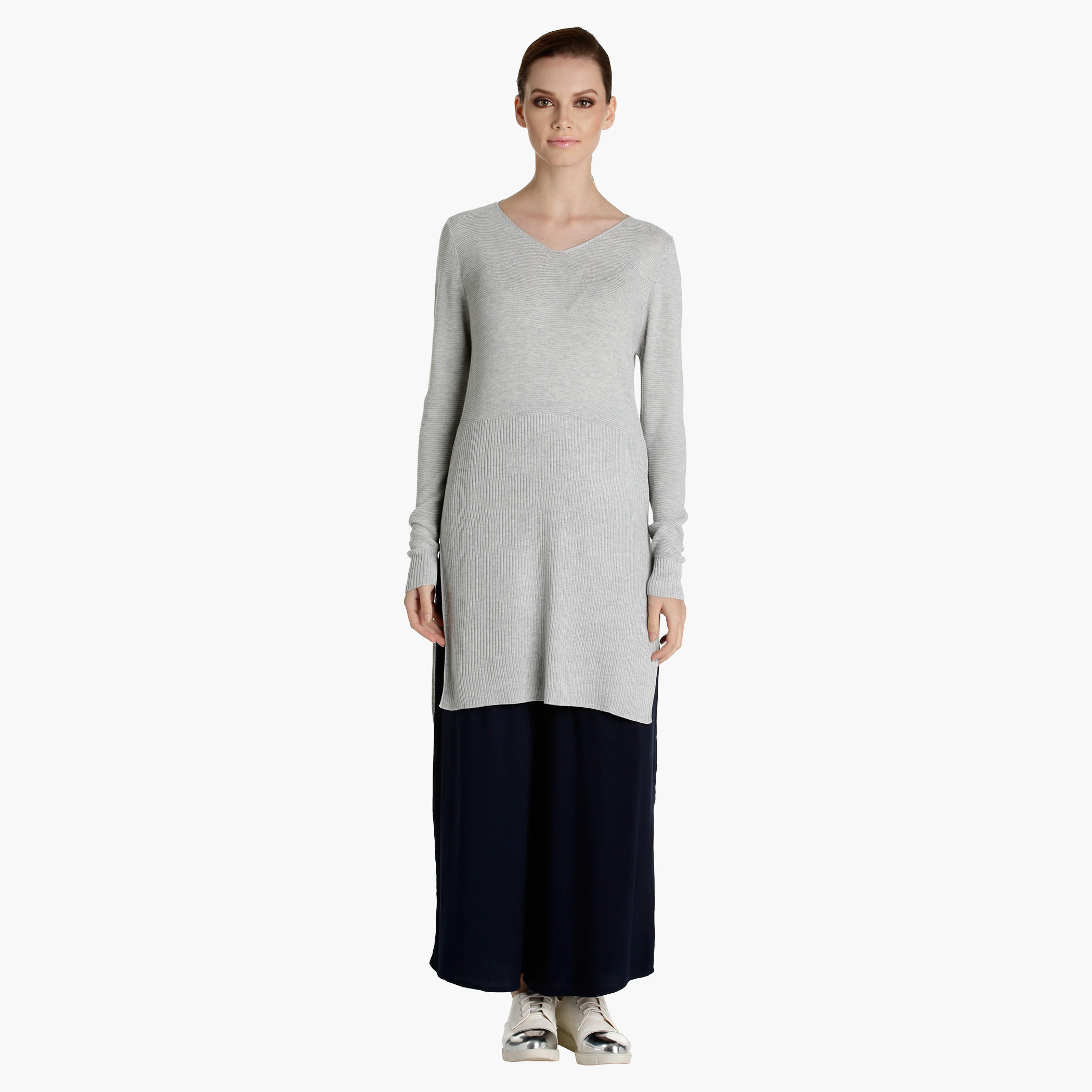 Ribbed Long Sweater with Side Slits-women-clothing-shirtsandblouses-blouses-image-1