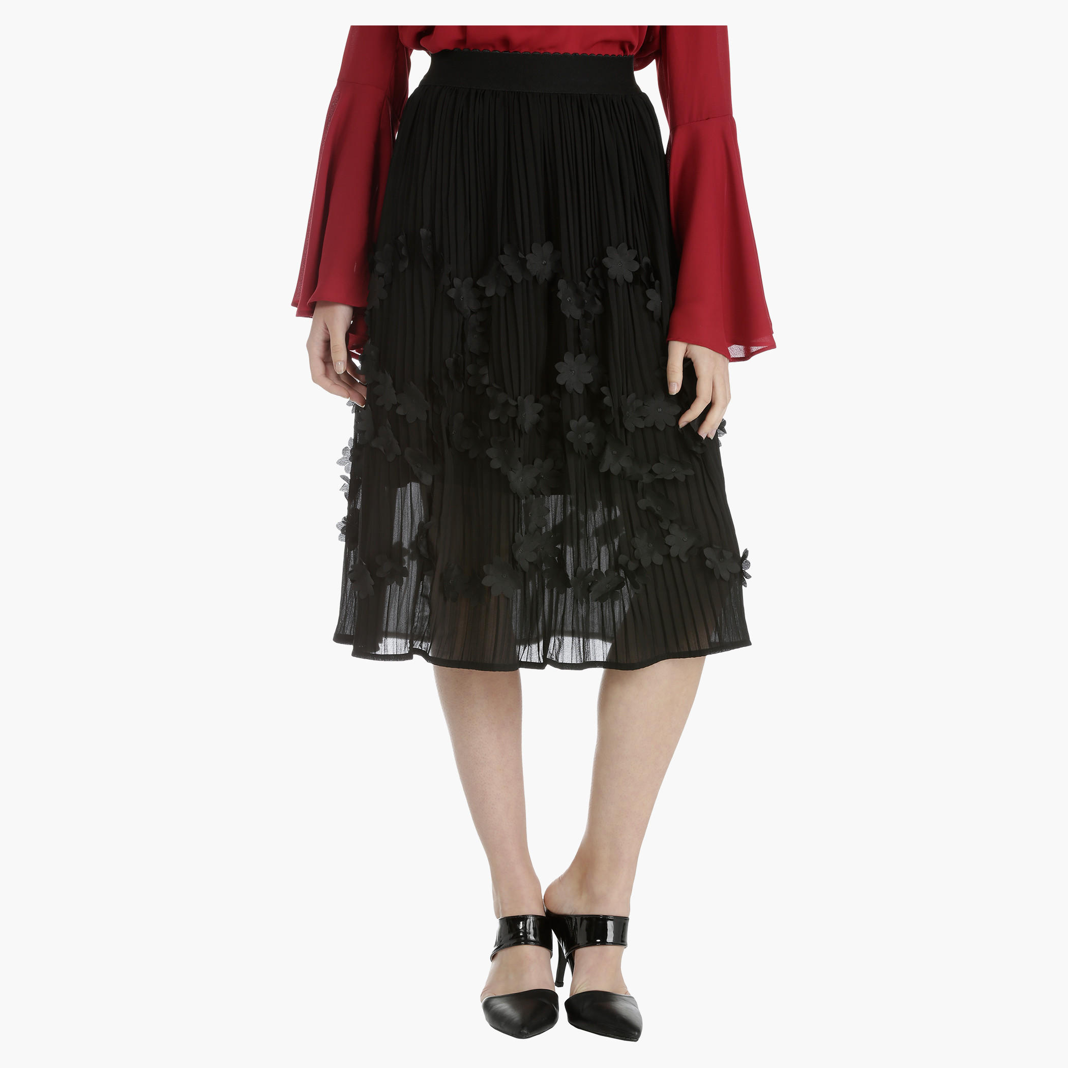 Pleated Skirt with Floral Appliques-women-clothing-bottoms-skirts-image-1
