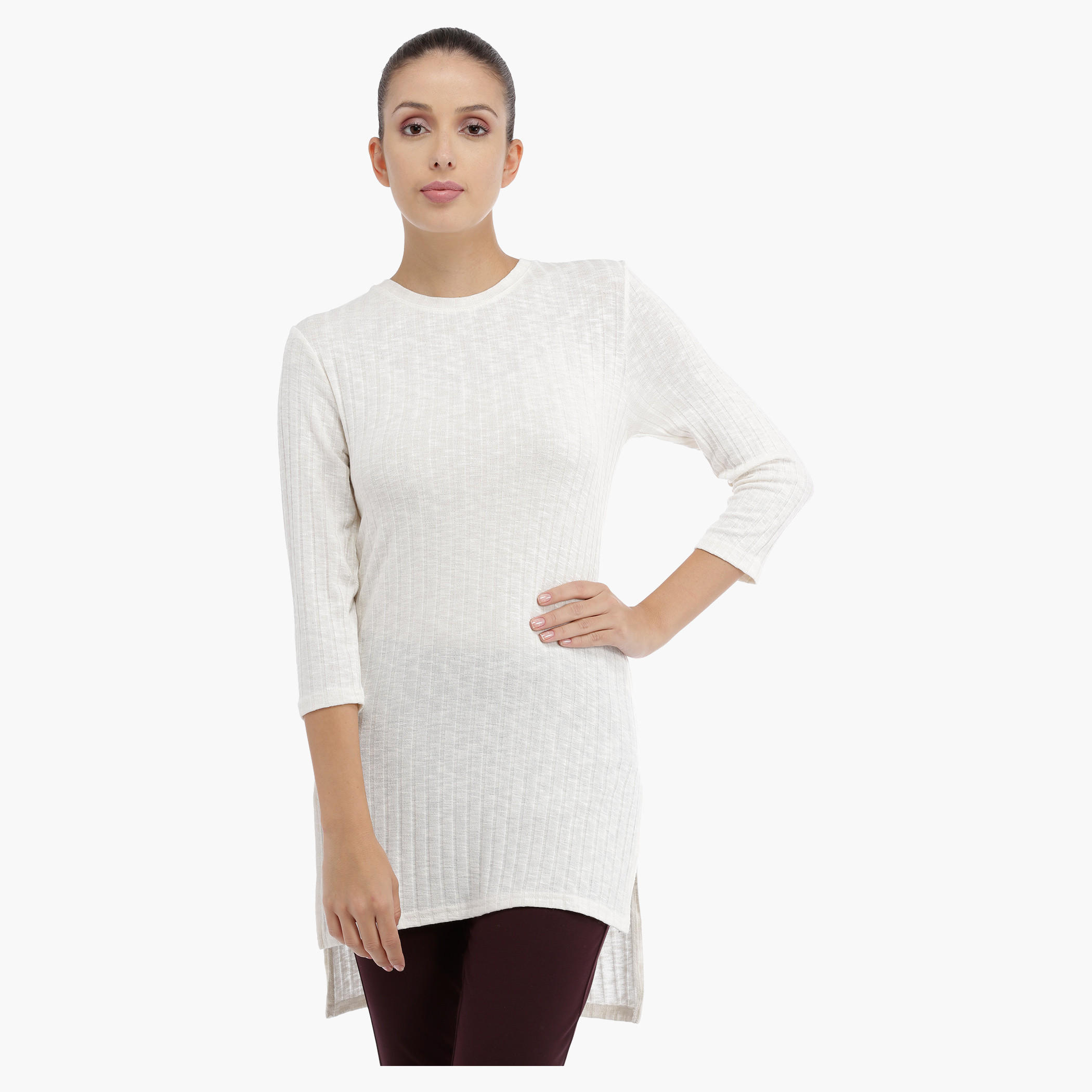 Knitted Sweater with Side Slits and High Low Hem-women-clothing-tshirts-image-1