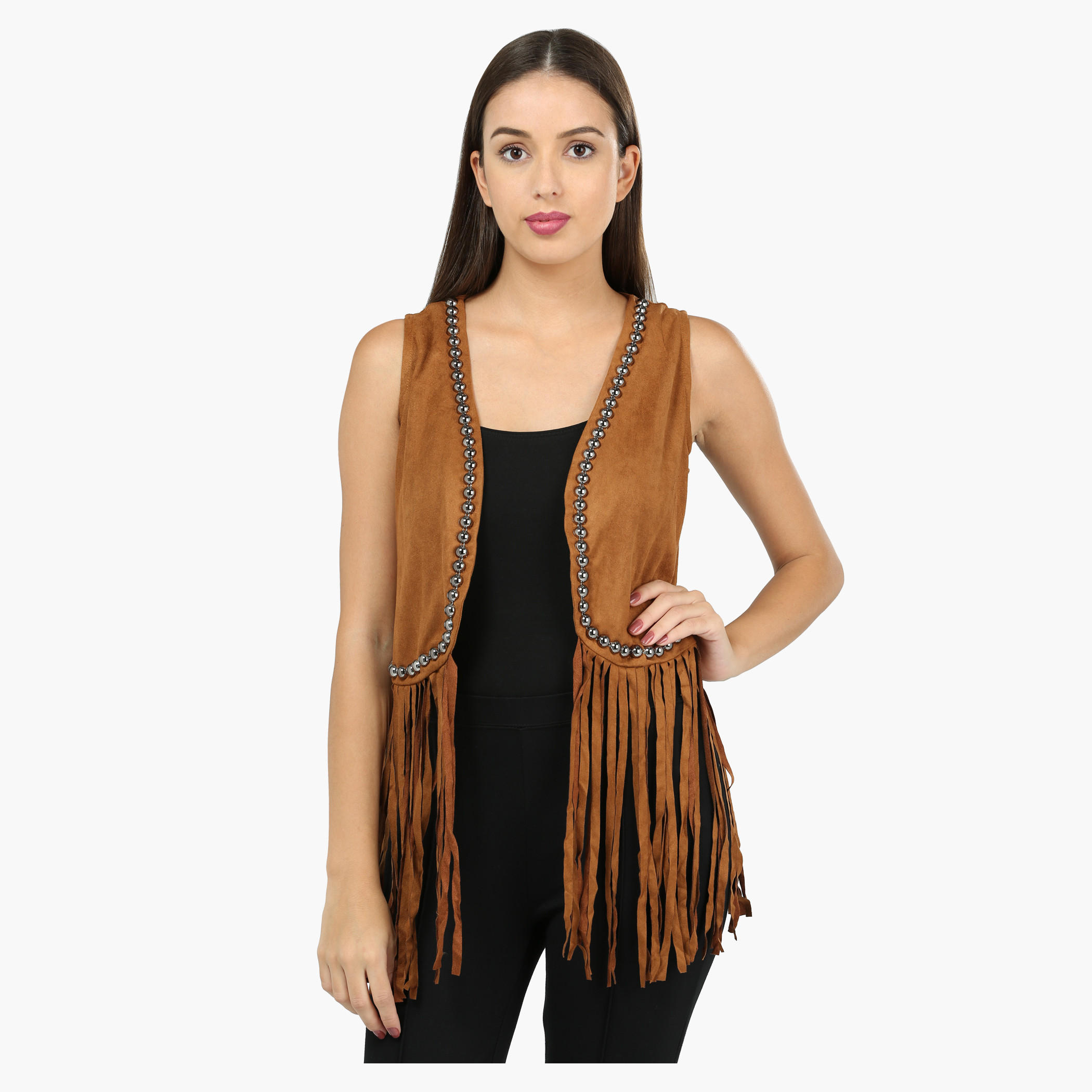 Sleeveless Fringed Shrug with Stud Embellishments-women-winterwear-cardigansandjumpers-cardigans-image-5