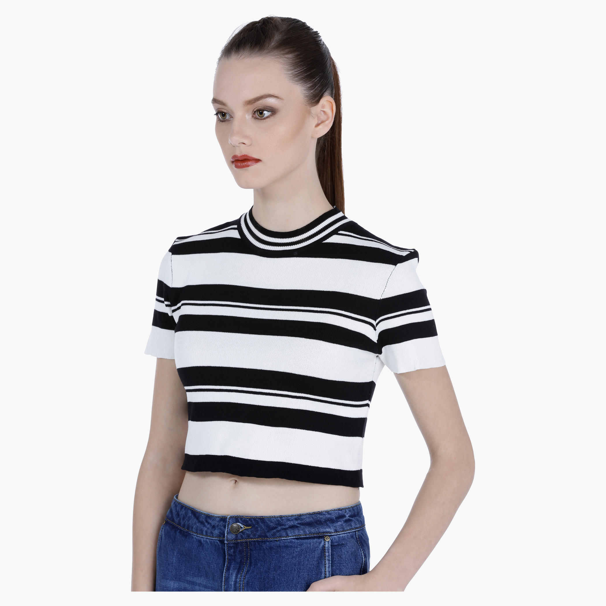 Striped Crop T-shirt with Short Sleeves-women-clothing-tshirts-image-8